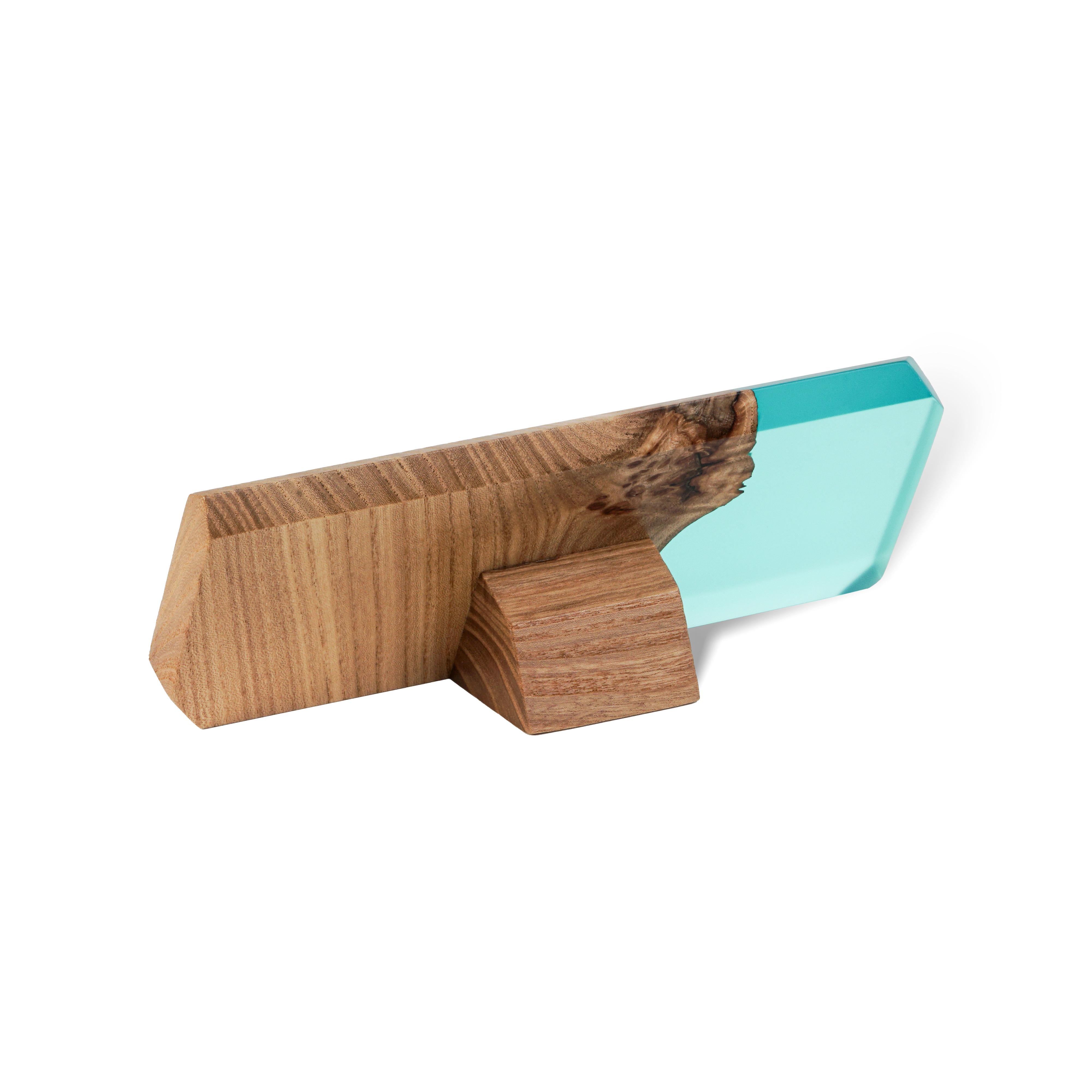 Rear view of the personalized MODERN desk name plate made from elm wood and aqua blue epoxy resin