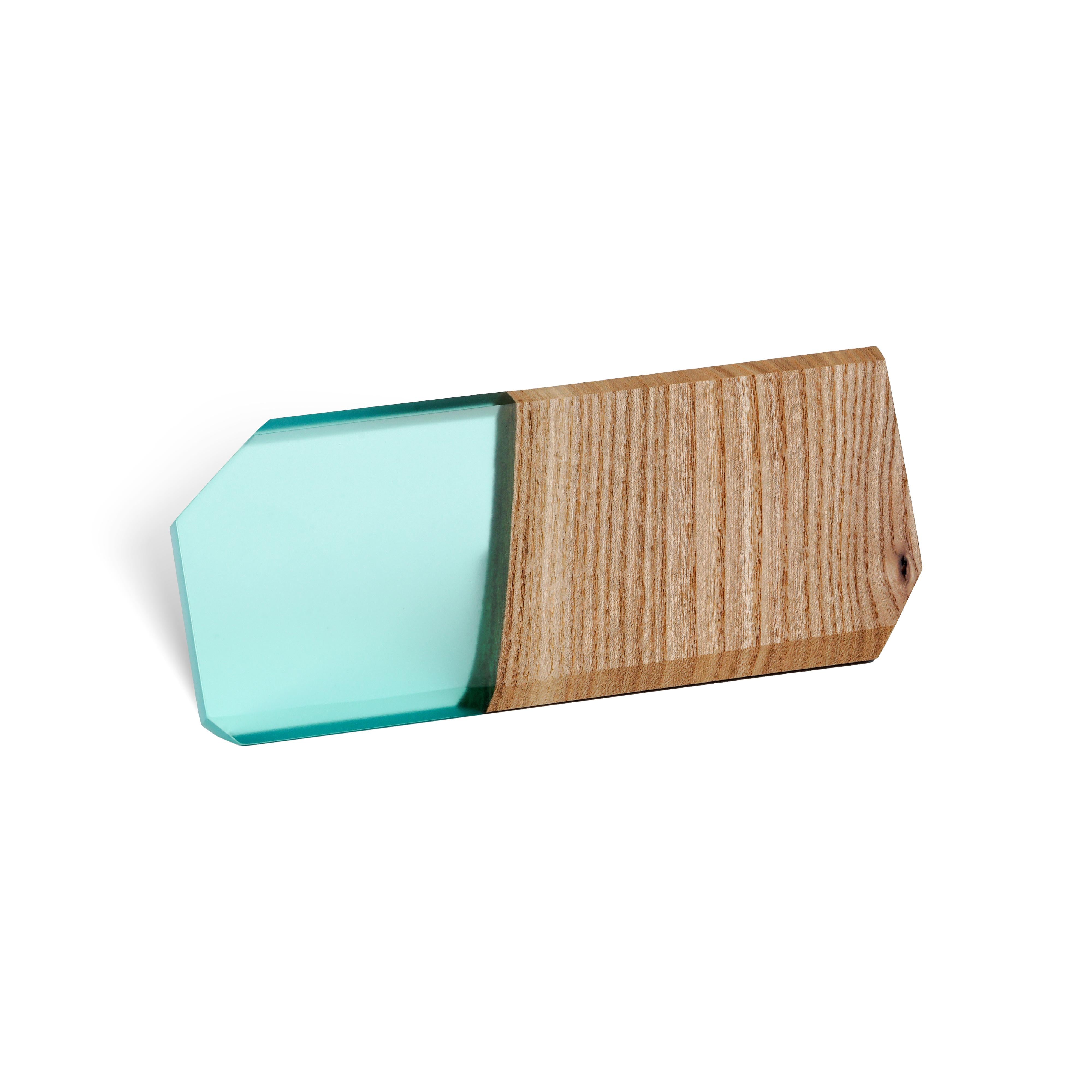 Side view of the personalized MODERN desk name plate handcrafted from elm wood and aqua blue epoxy resin