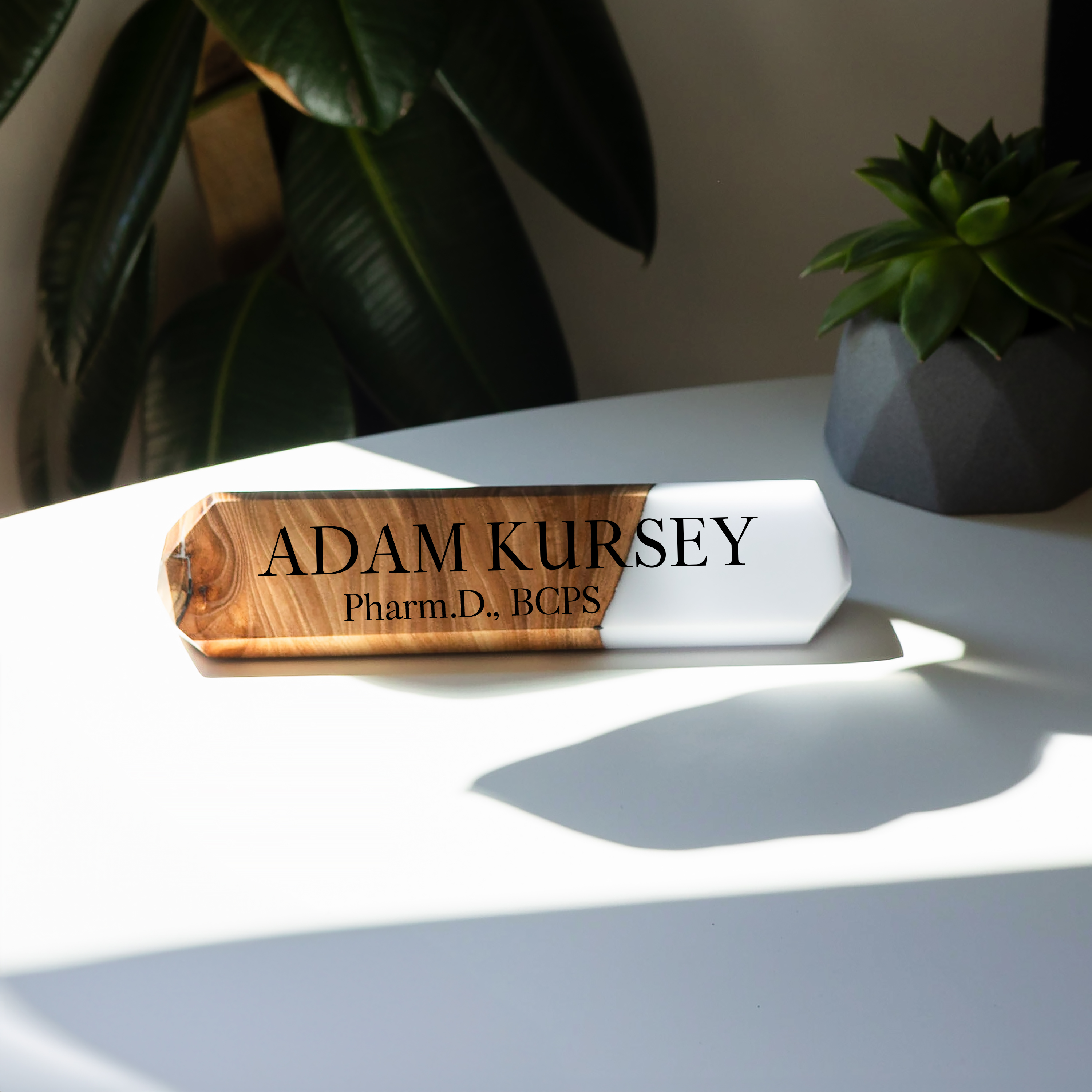 Personalized desk name plate handcrafted from elm wood and white epoxy resin