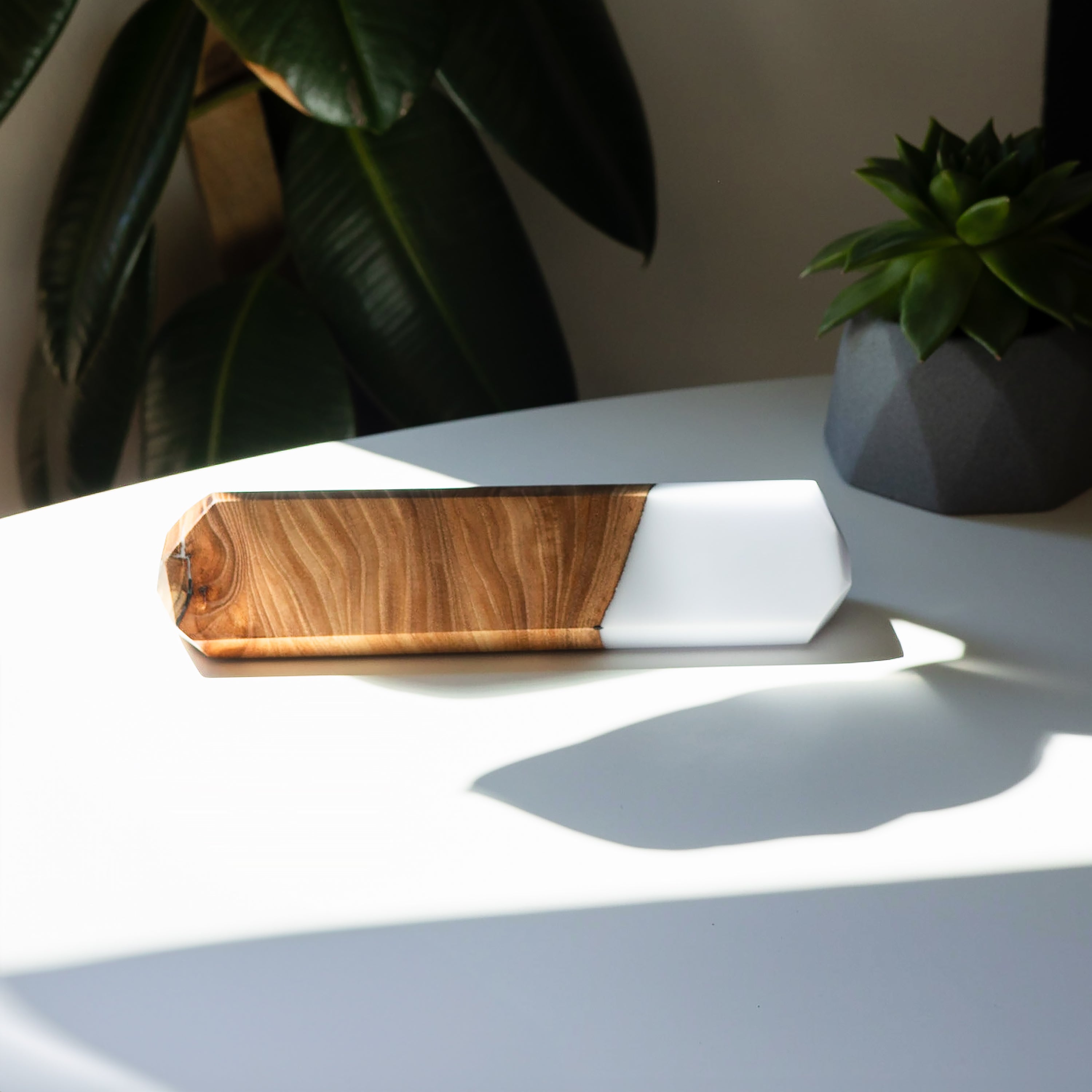 Front view of the personalized desk name plate made from elm wood and white epoxy resin