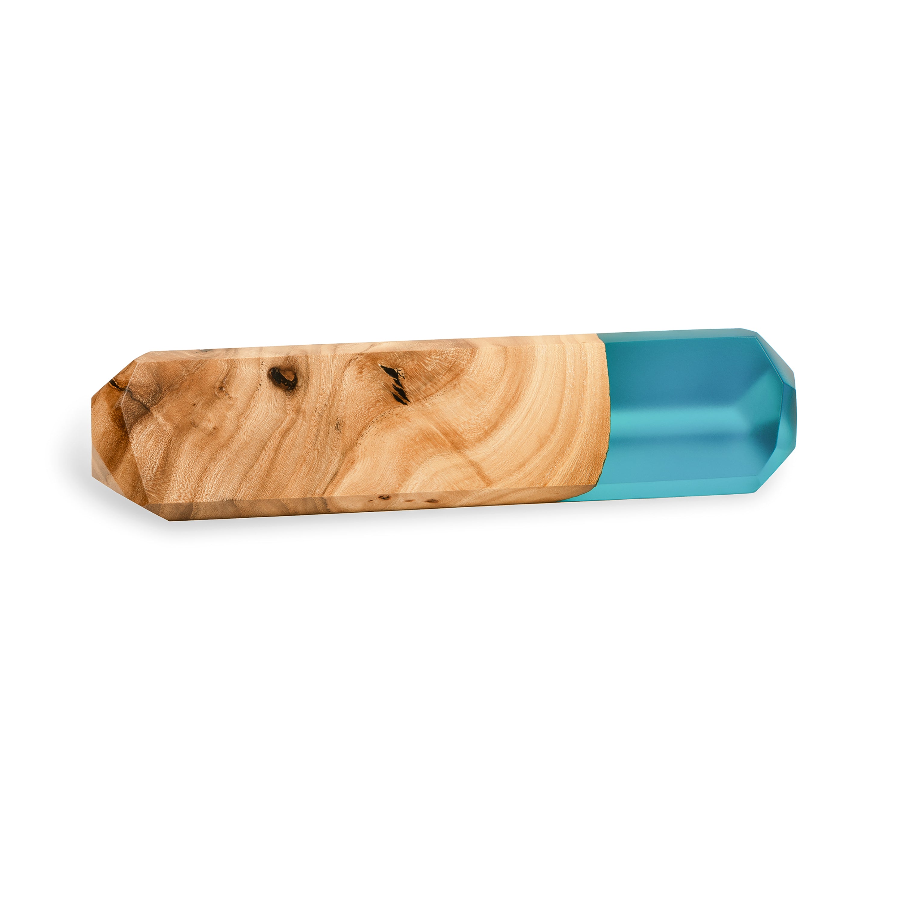 Side view of a personalized wooden desk name plate with aqua blue epoxy resin finish