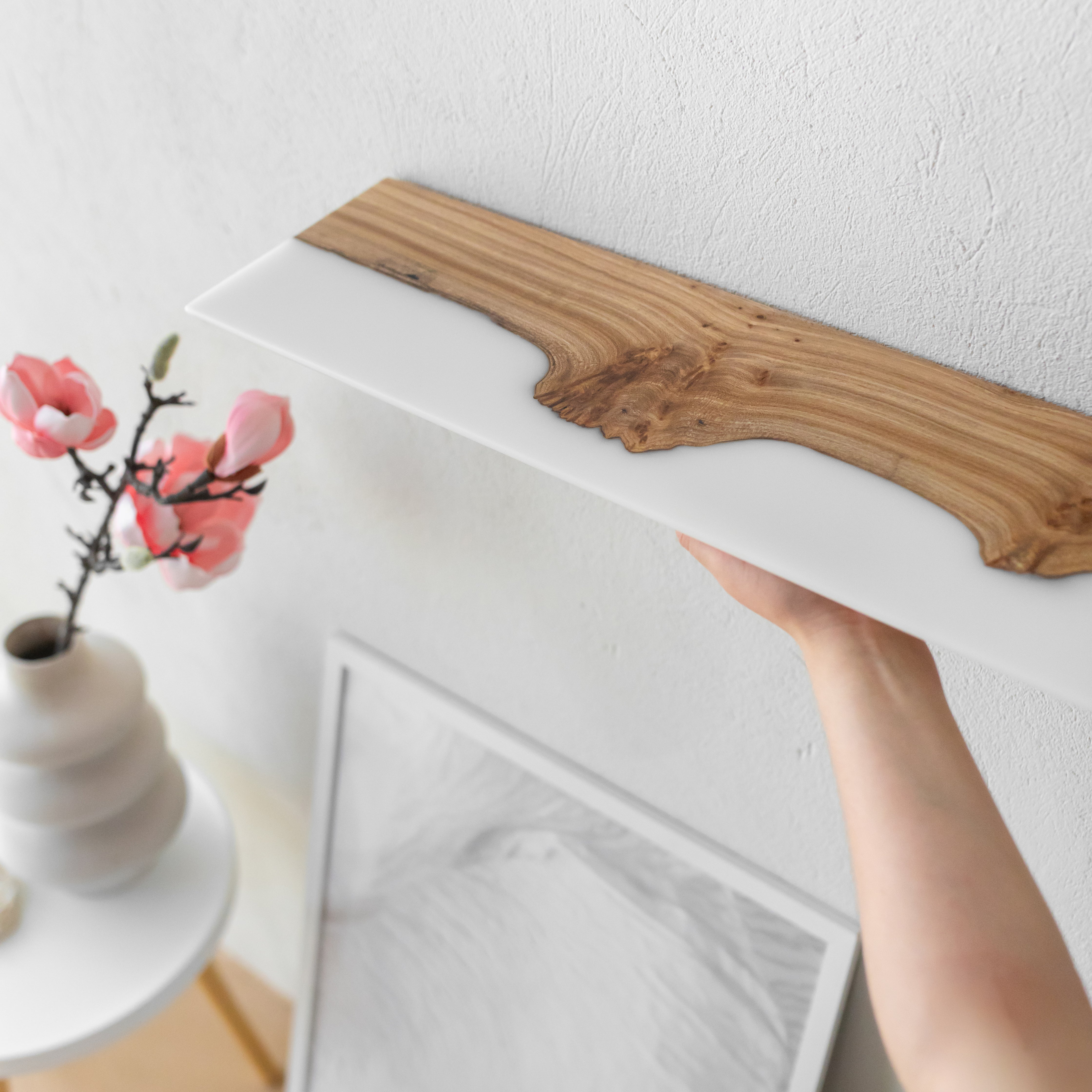 White Epoxy & Elm Wood - Live Edge Floating Shelf