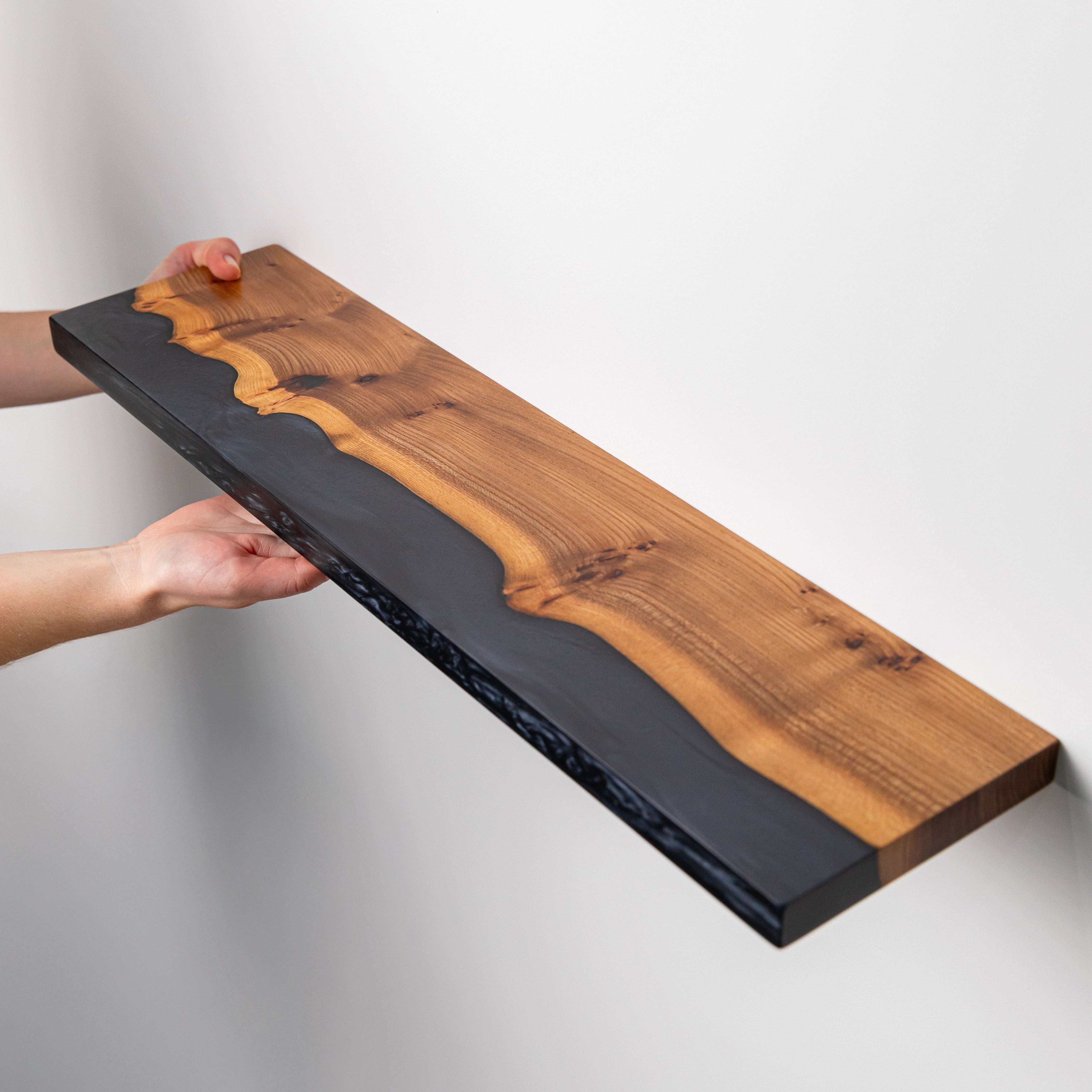 Black Epoxy & Elm Wood - Wedge Floating Shelf