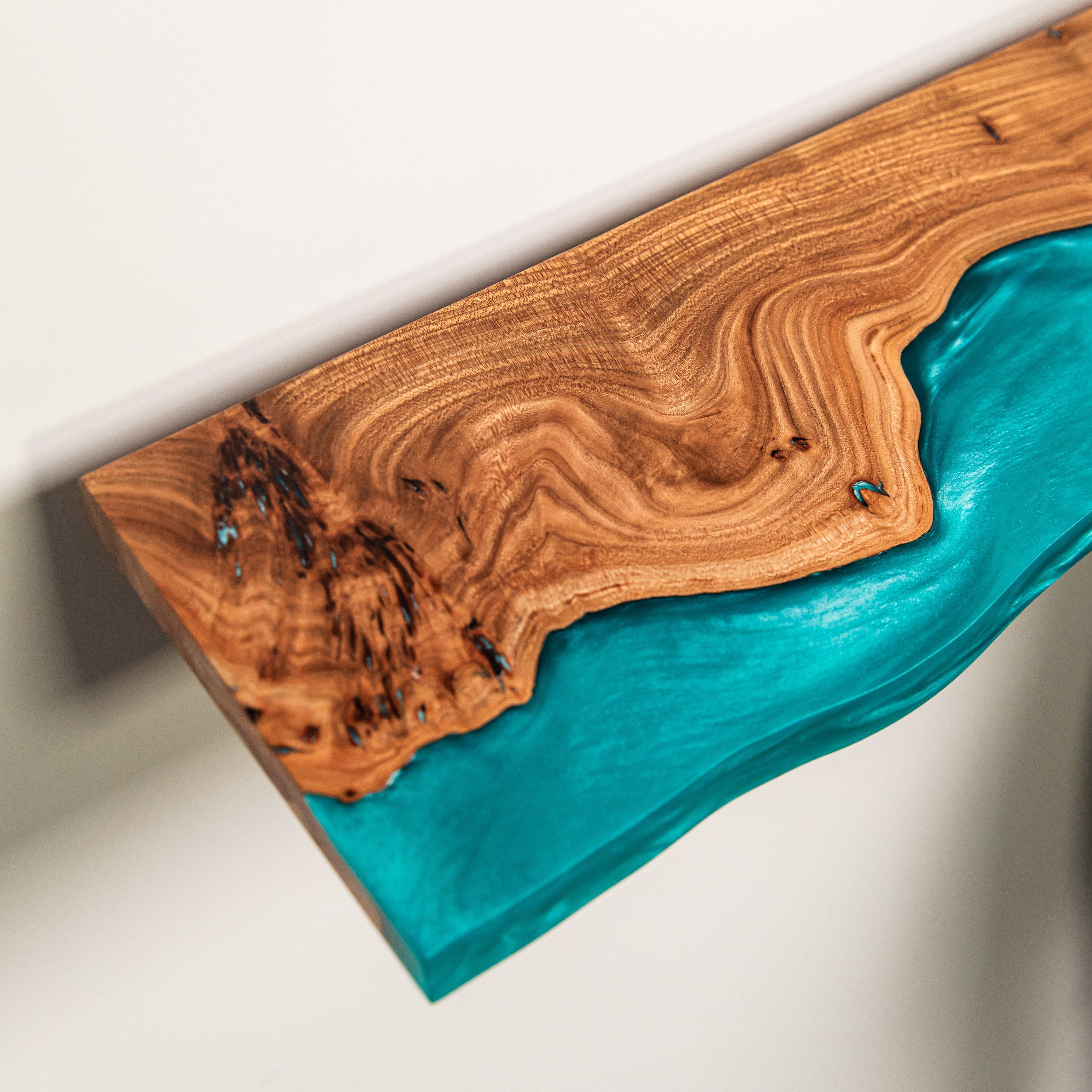 Sky Blue Epoxy & Elm Dark Wood - Live Edge Floating Shelf
