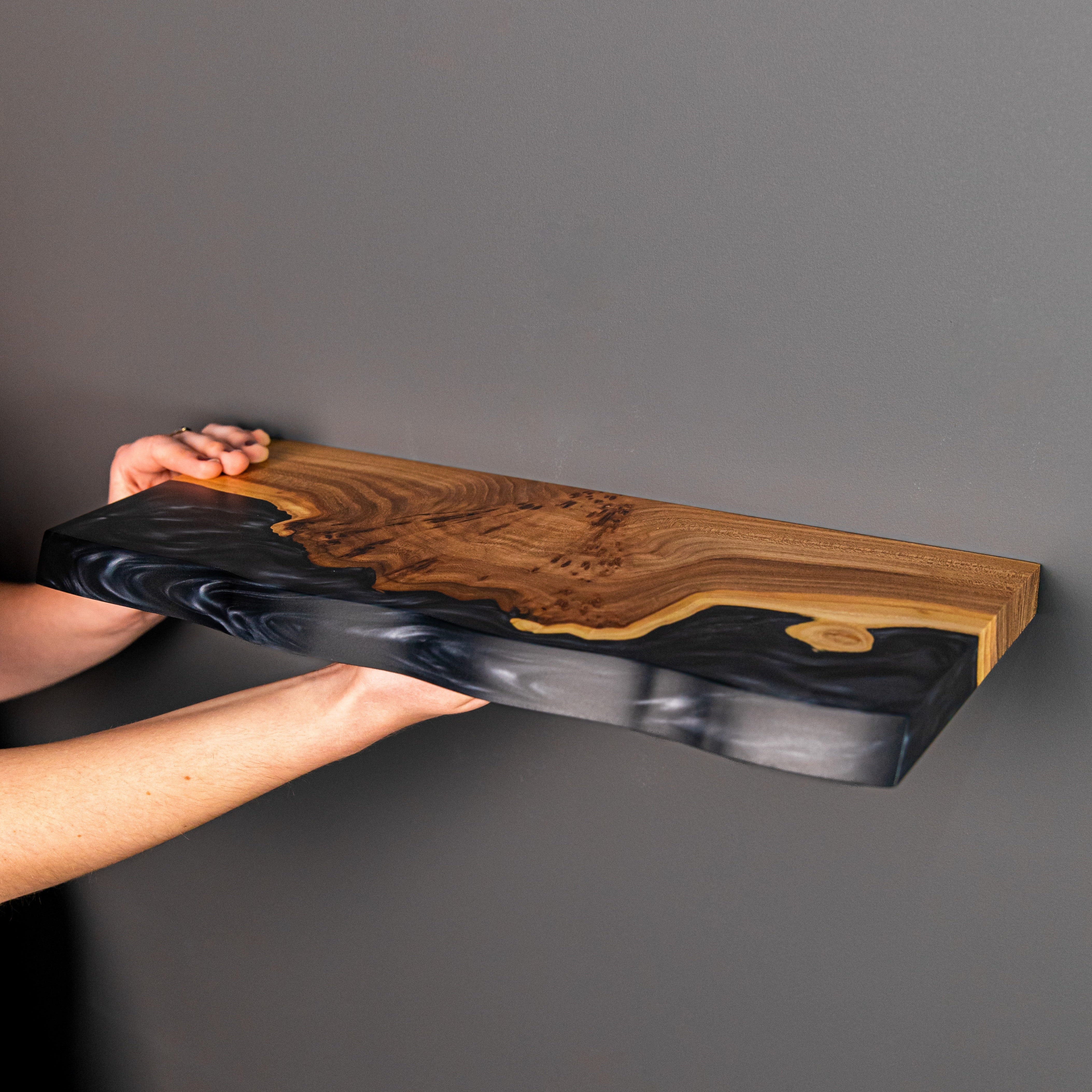 Black Epoxy & Elm Wood - Wedge Floating Shelf
