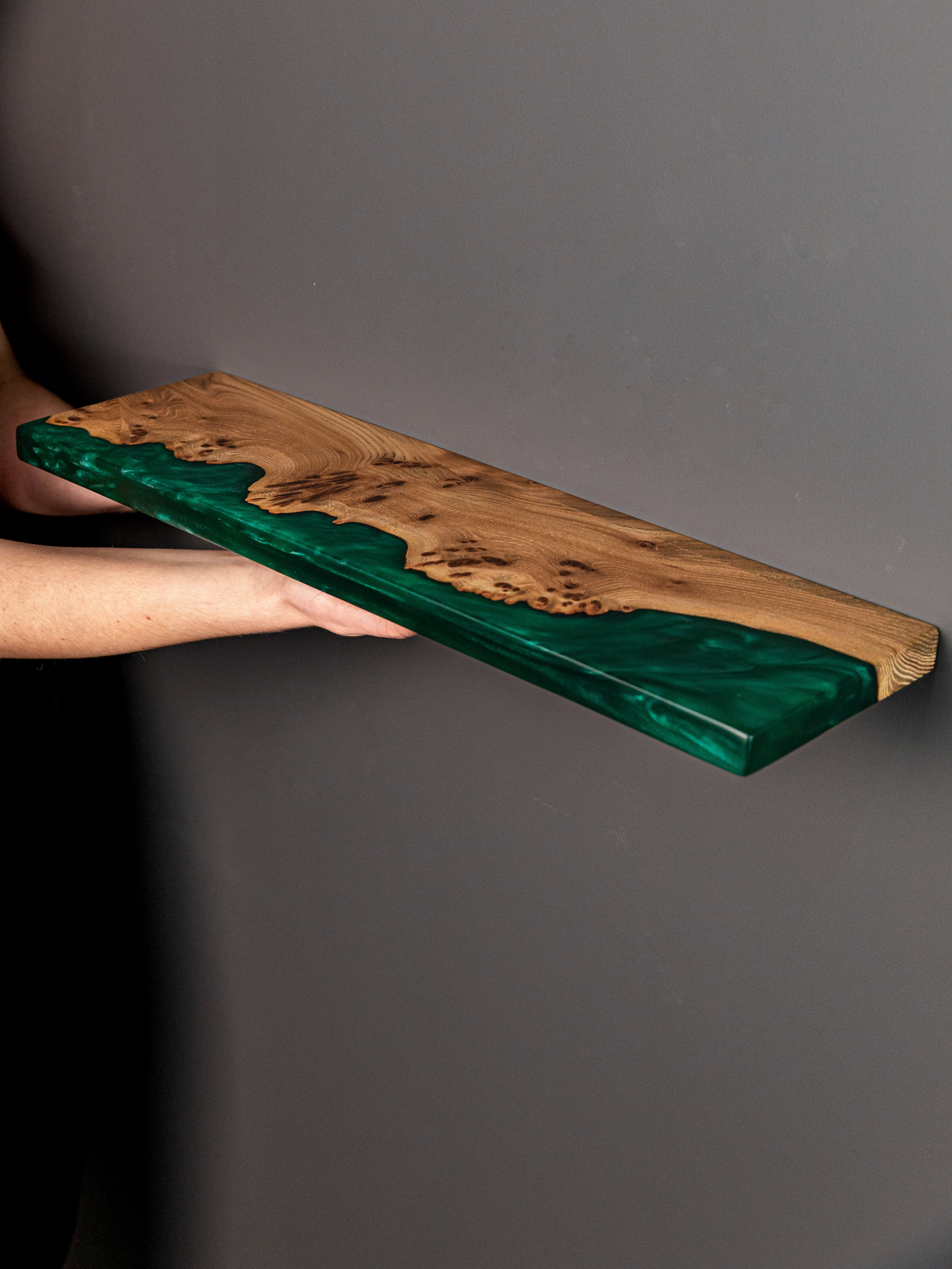 Green Pearl Epoxy & Dark Wood Floating Shelf
