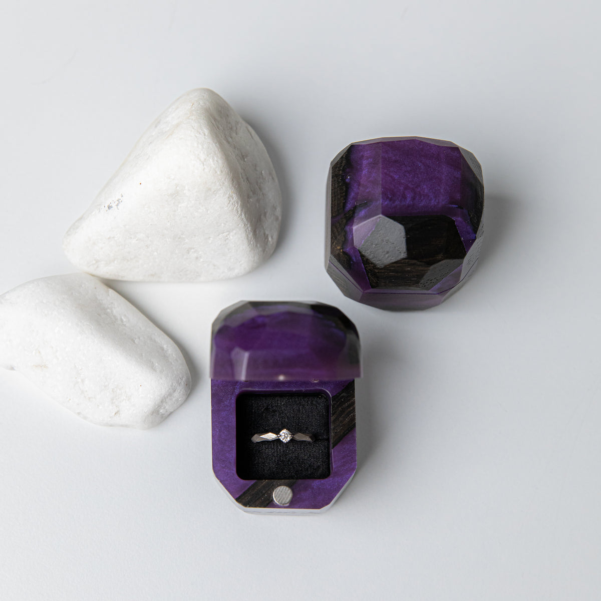 Proposal Ring Box – Purple Epoxy & Bog Oak Wood – METEORITE