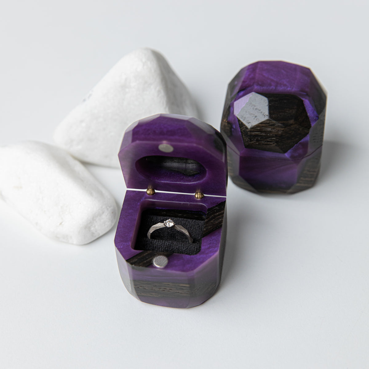 Proposal Ring Box – Purple Epoxy & Bog Oak Wood – METEORITE