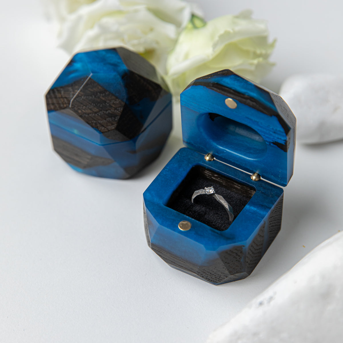 Proposal Ring Box – Blue Epoxy & Bog Oak Wood – METEORITE