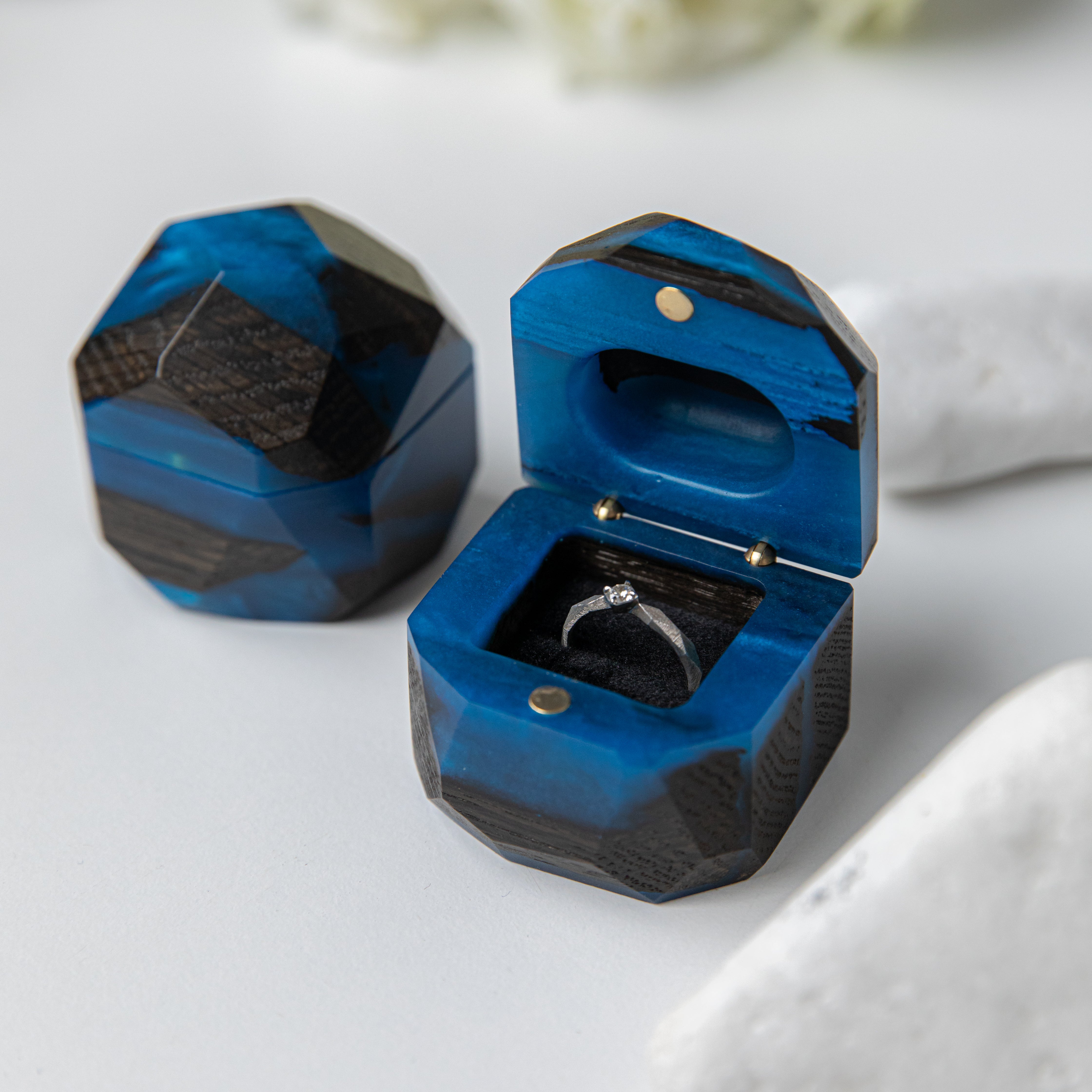 Proposal Ring Box – Blue Epoxy & Bog Oak Wood – METEORITE