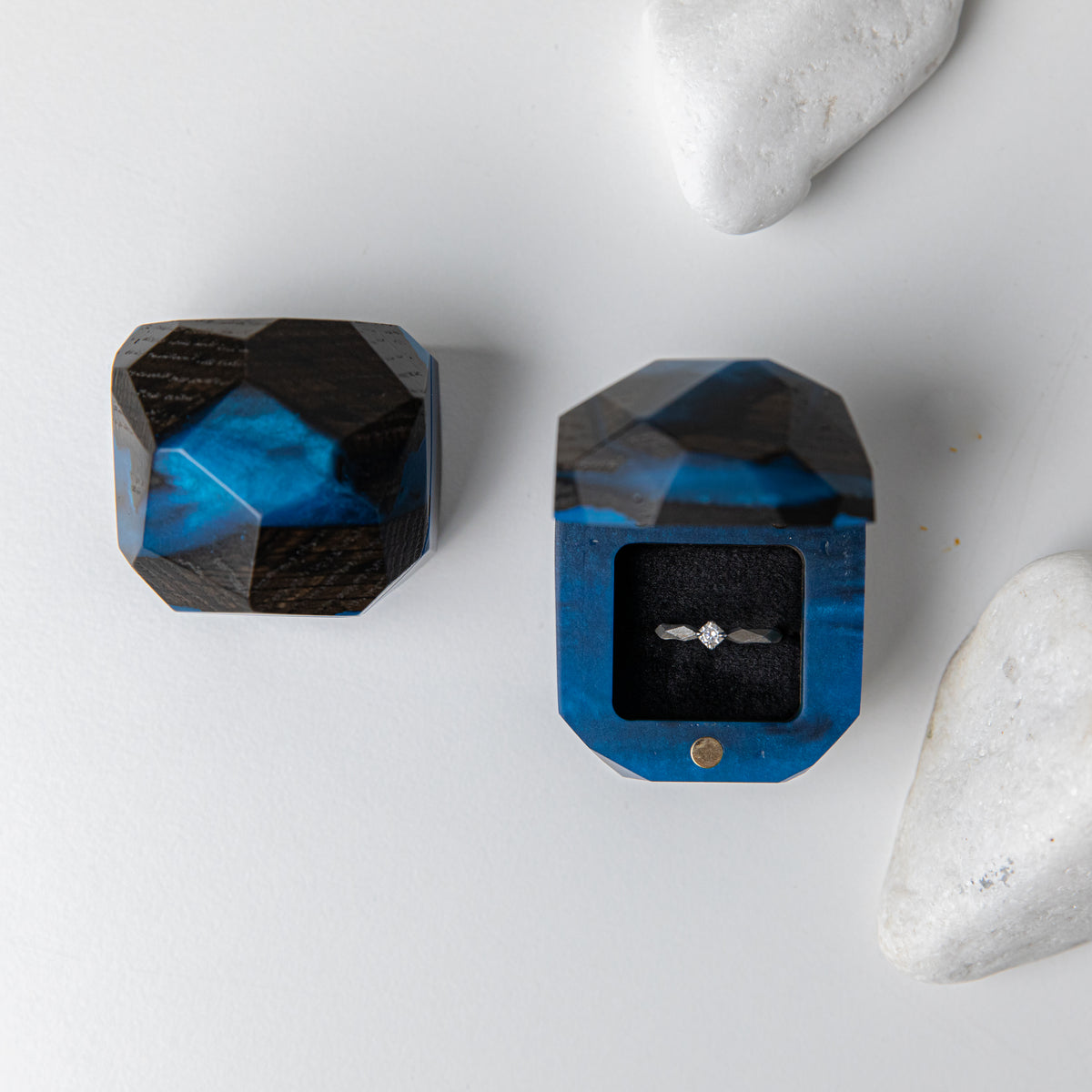 Proposal Ring Box – Blue Epoxy & Bog Oak Wood – METEORITE