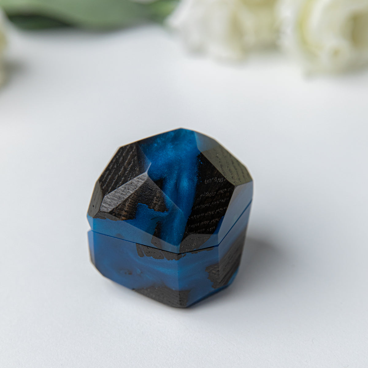 Proposal Ring Box – Blue Epoxy & Bog Oak Wood – METEORITE