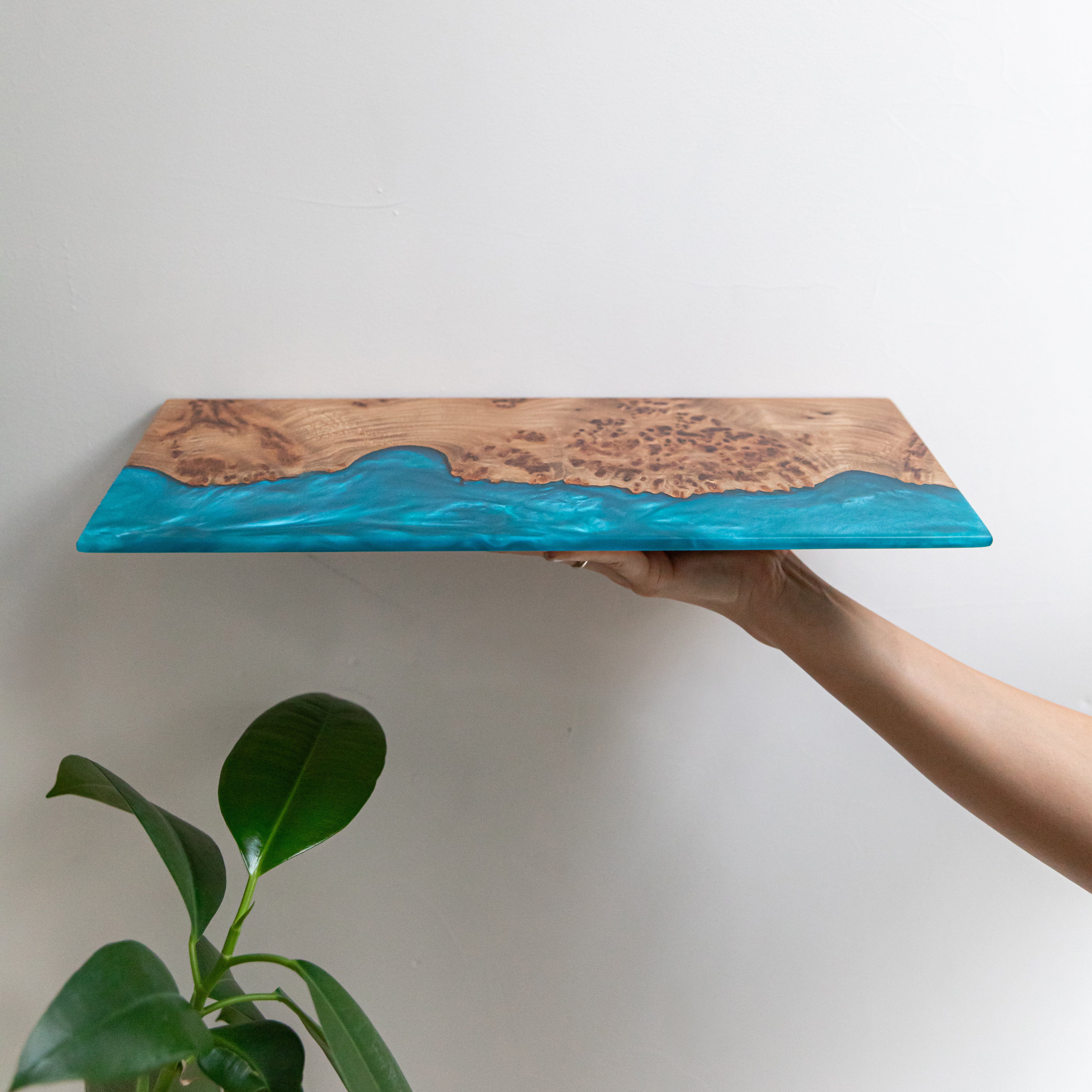 Sky Blue Epoxy & Elm Dark Wood - Live Edge Floating Shelf