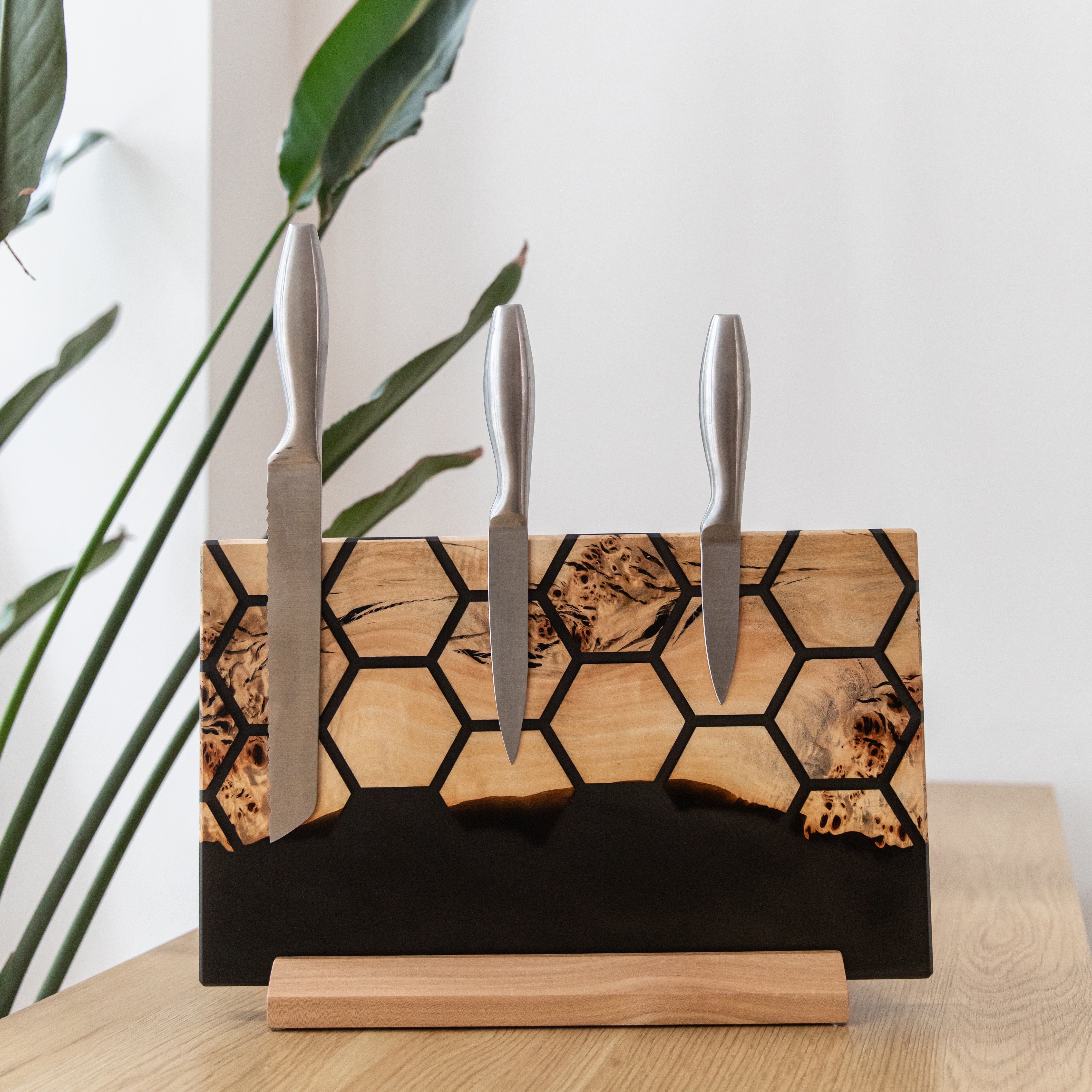 Black Epoxy Resin & Wood Magnetic Knife Block UNIVERSE – countertop
