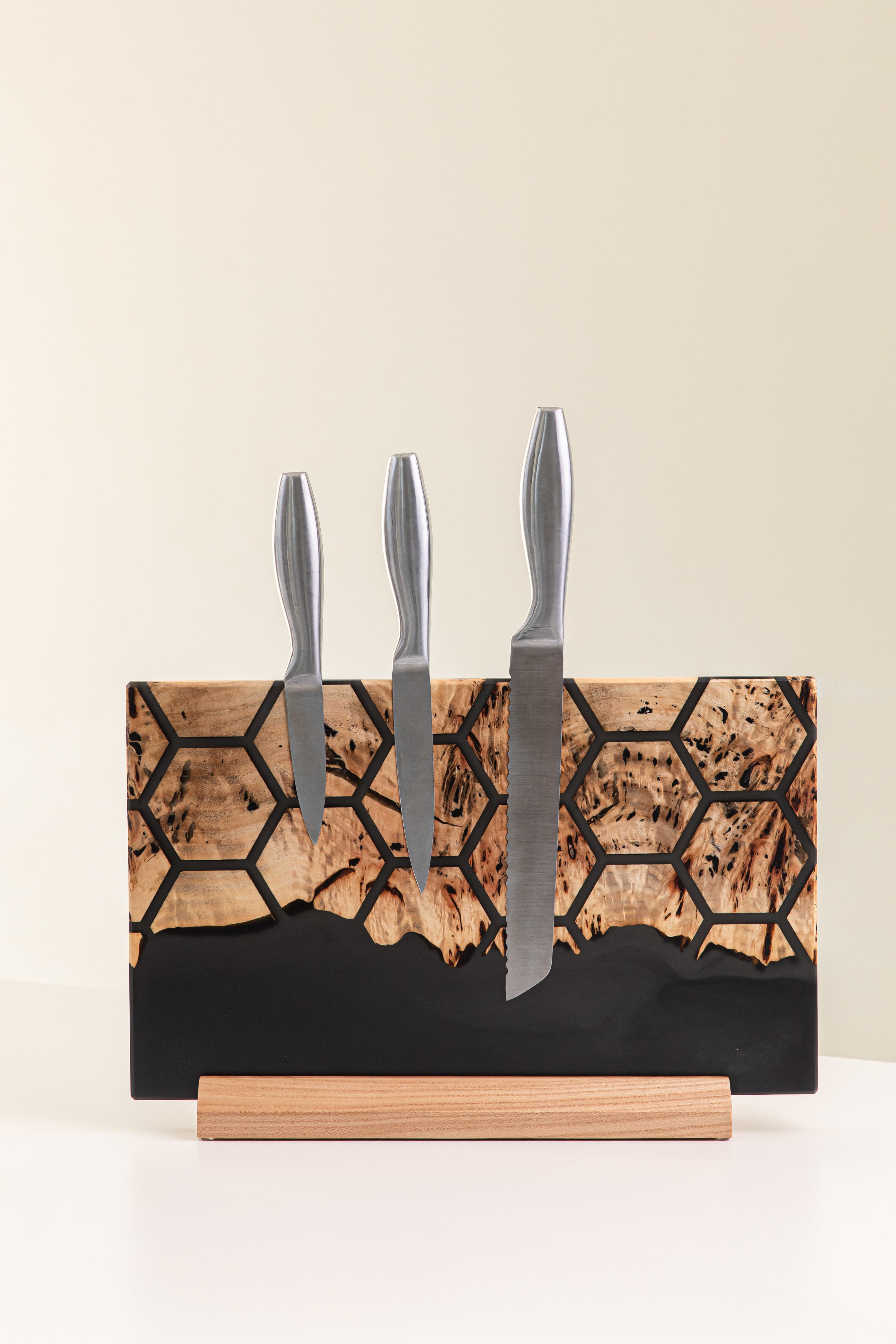 Black Epoxy Resin & Wood Magnetic Knife Block UNIVERSE – countertop
