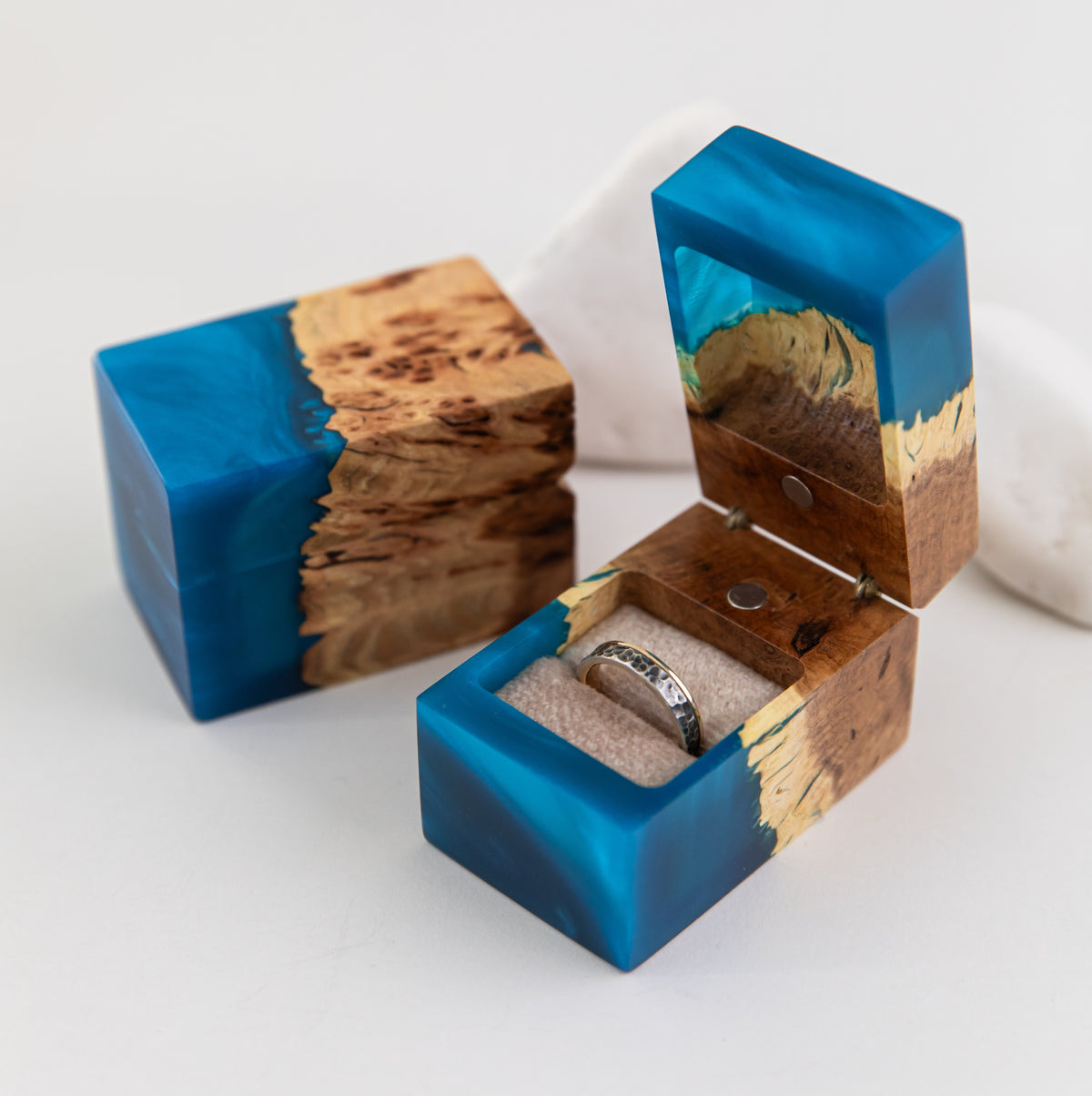 Engagement Ring Box – Blue Epoxy & Elm Wood – CHORD