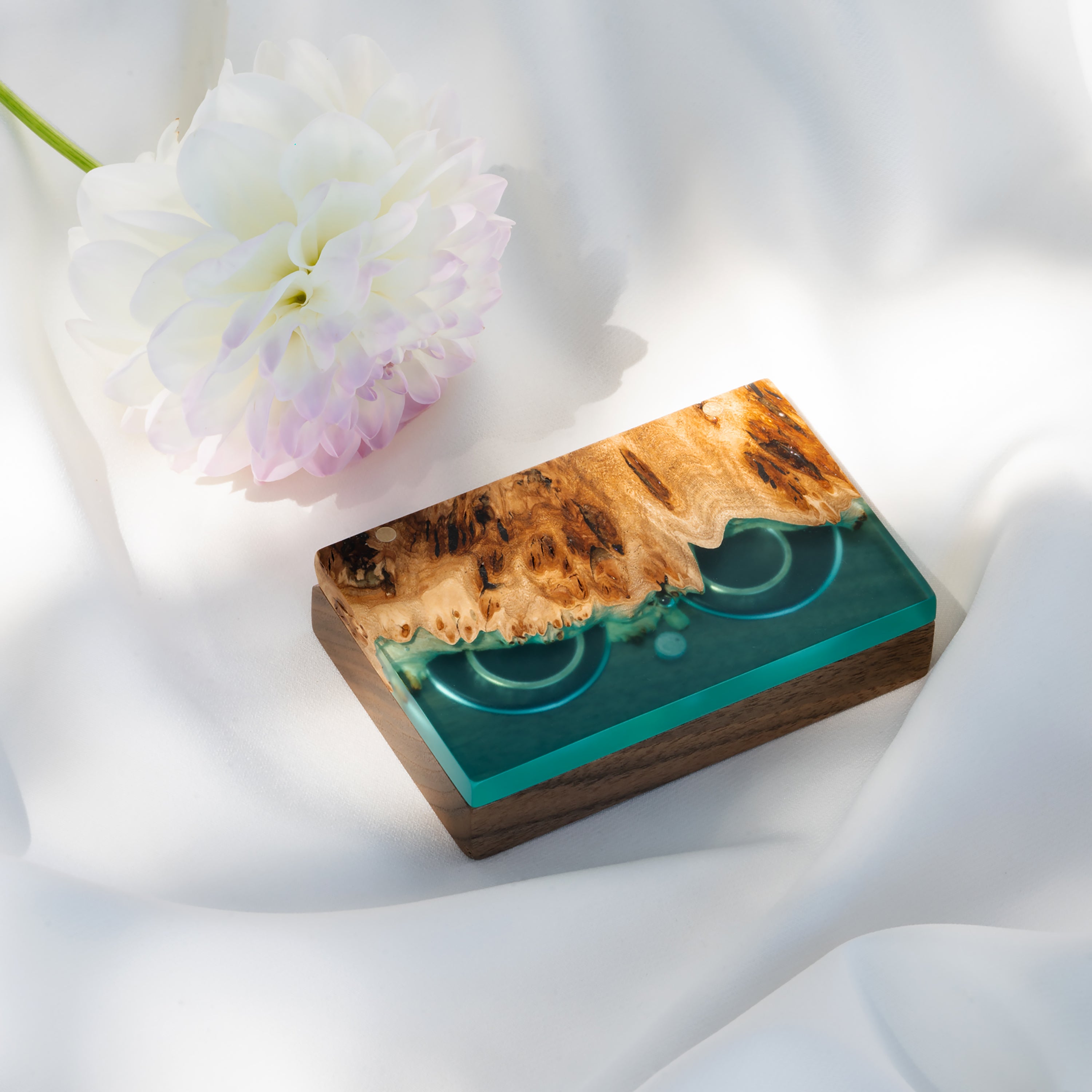 Wood & Resin Wedding Ring Box PIANO – Elm Aqua Blue