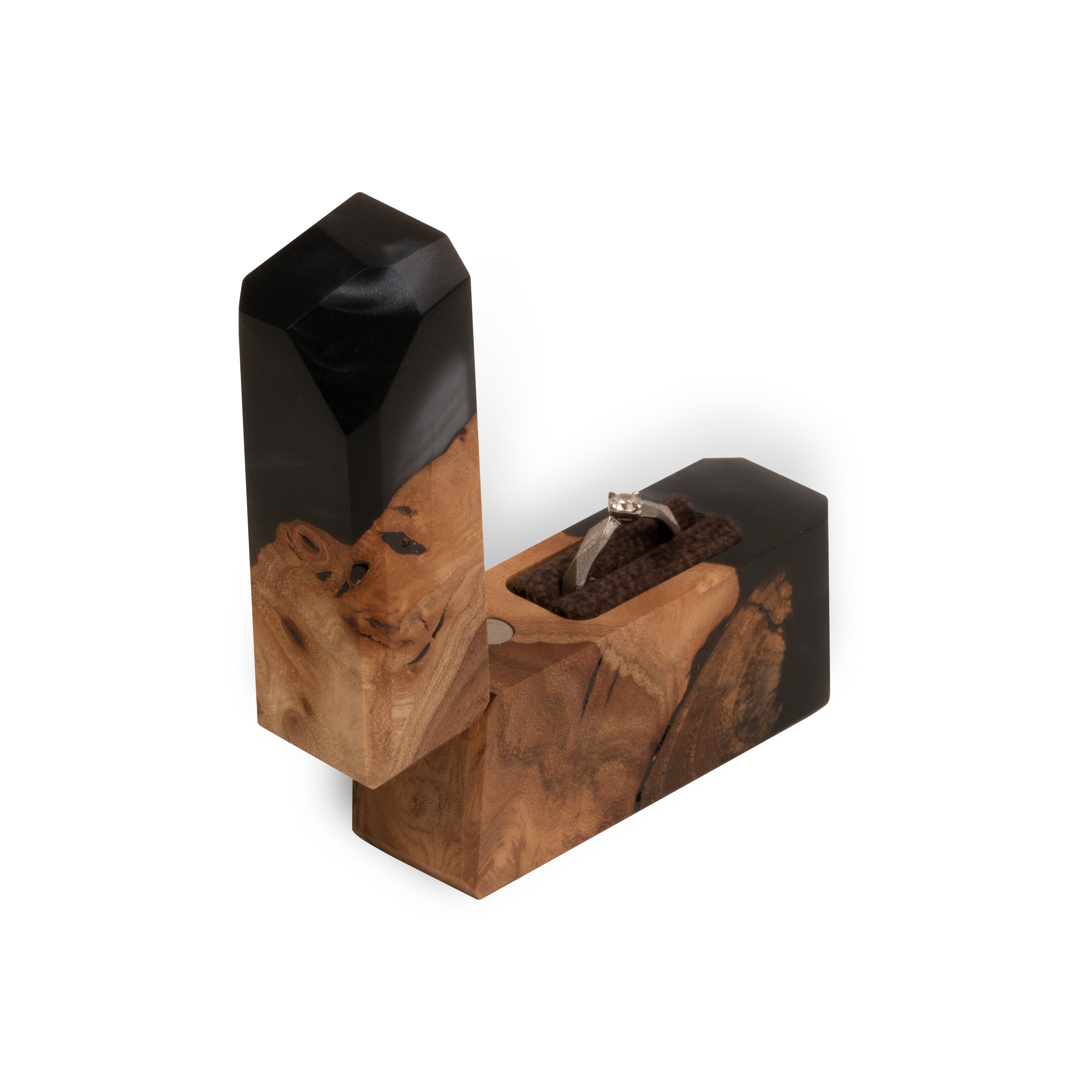 Elegant open black epoxy and elm wood engagement ring box photographed on a white background