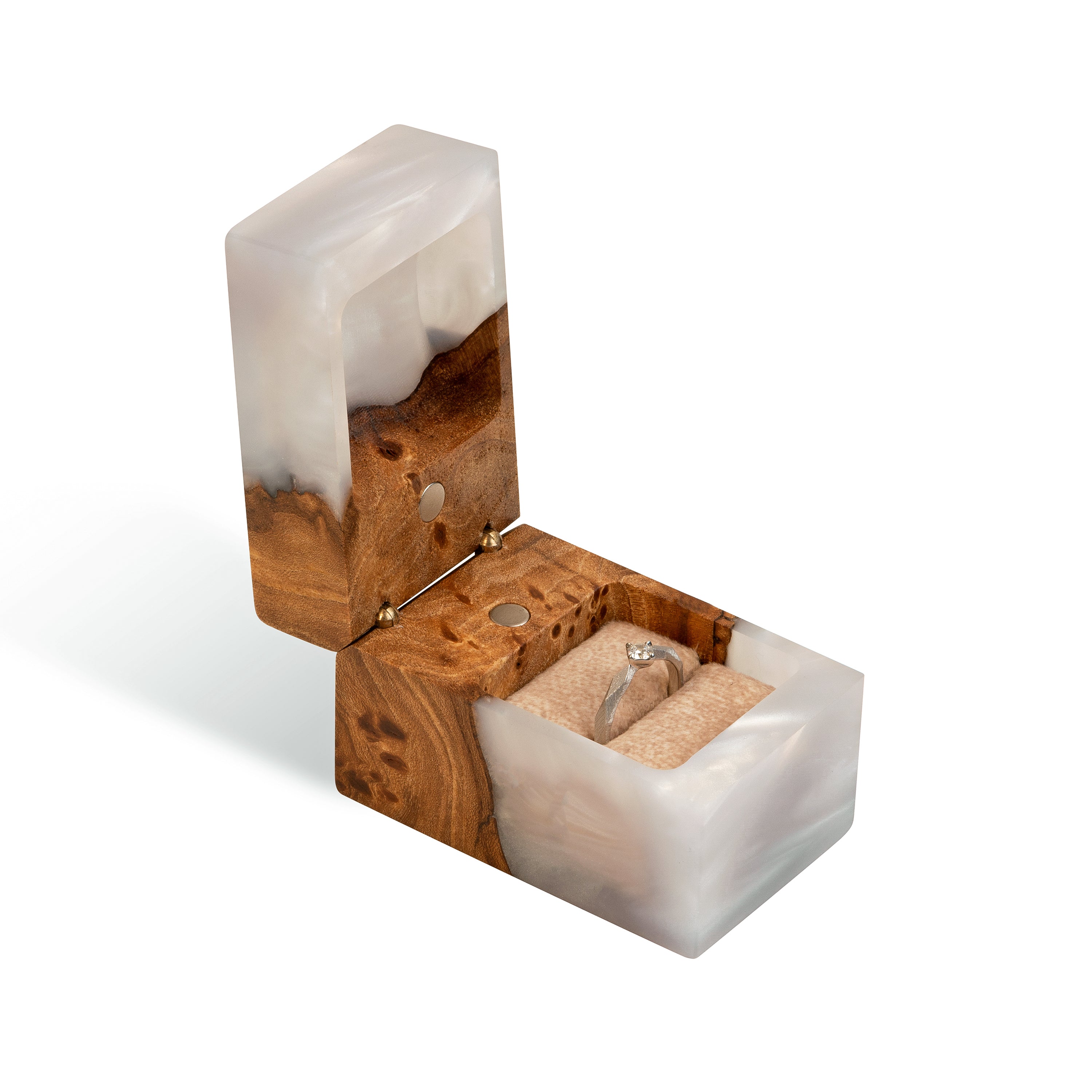 Angled view of the open platinum epoxy and elm wood engagement ring box