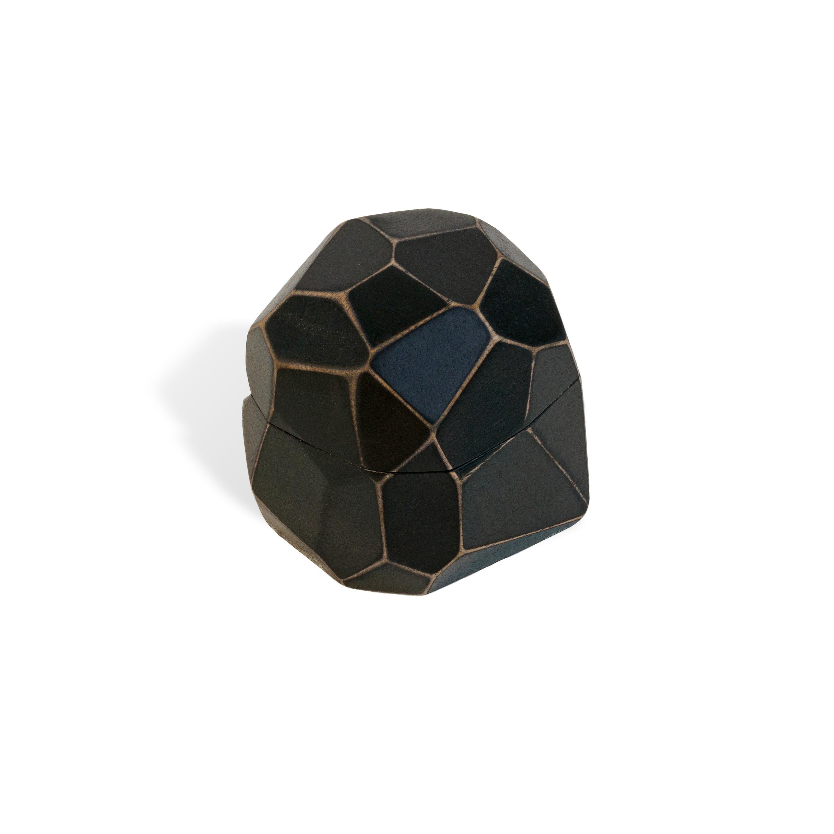 Elegant closed black epoxy and bog oak wood proposal ring box highlighting the faceted exterior