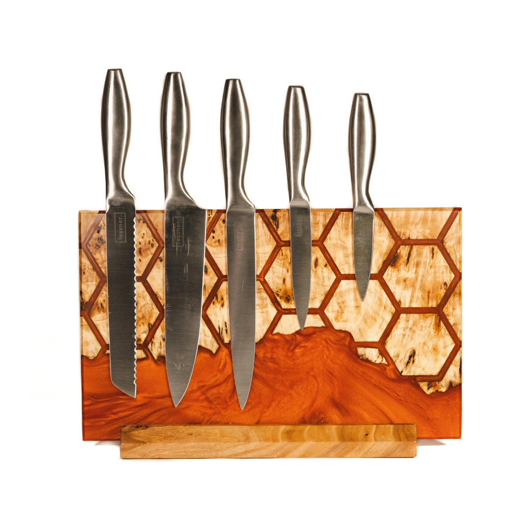 Amber Pearl Epoxy Resin & Wood Magnetic Knife Block UNIVERSE – countertop
