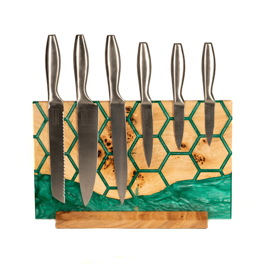 Green Pearl Epoxy Resin & Wood Magnetic Knife Block UNIVERSE – countertop