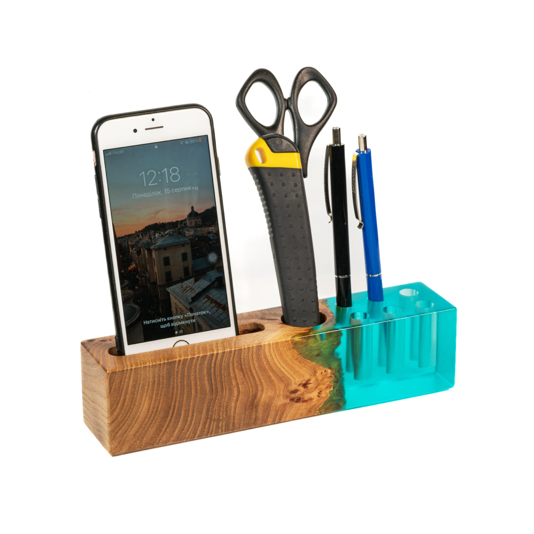 Wood & Resin Personalized Desk Organizer ELEMENT – Elm Aqua Blue