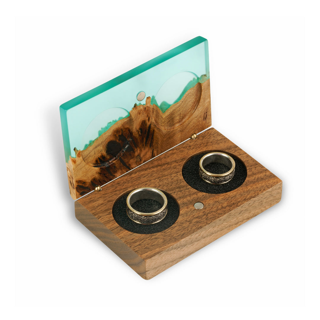 Wood & Resin Wedding Ring Box PIANO – Elm Aqua Blue