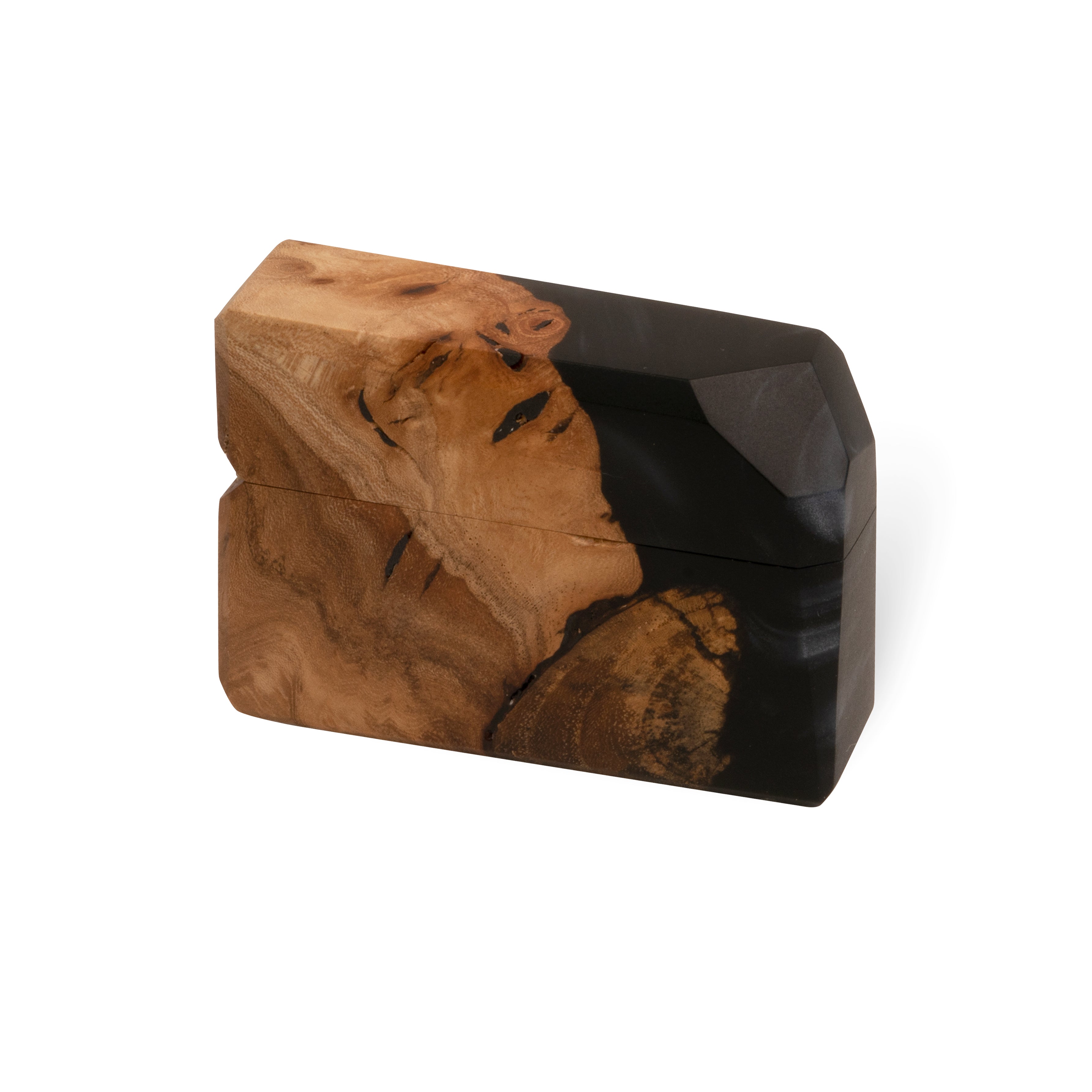 Handcrafted black epoxy and elm wood engagement ring box highlighting the natural wood grain
