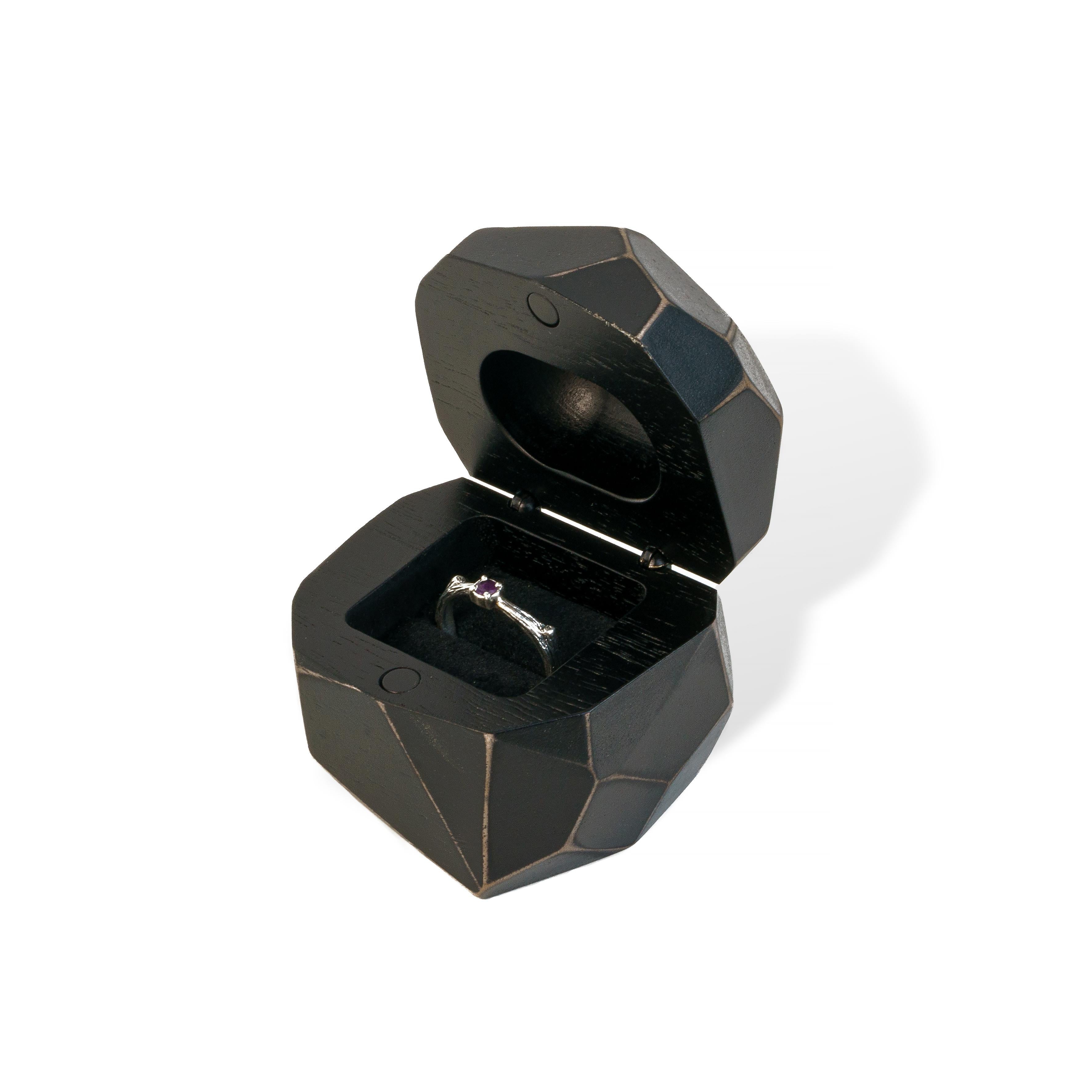 Handcrafted black epoxy and bog oak wood proposal ring box shown open with the ring holder visible