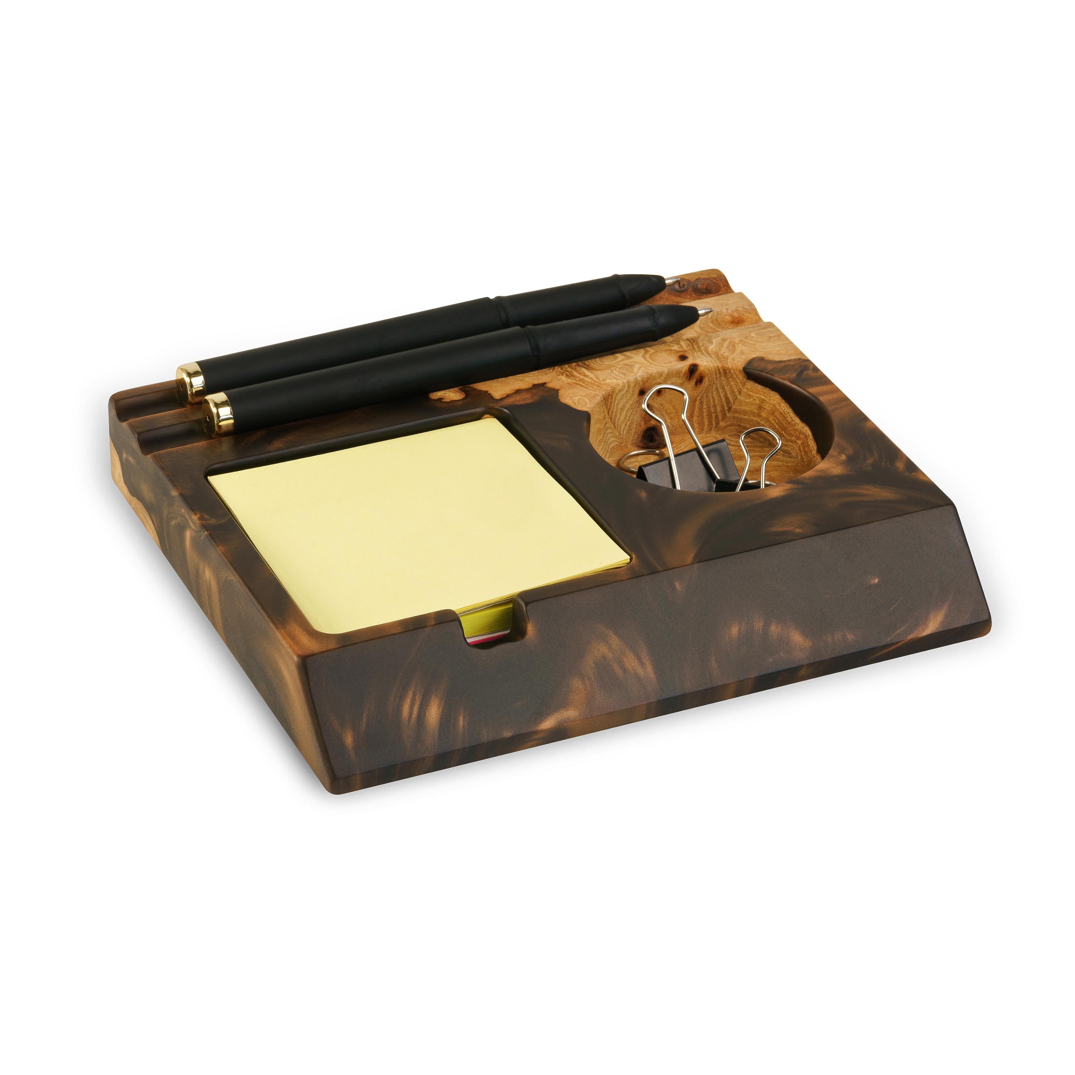 Premium handmade wood desk organizer with black epoxy resin, phone stand and pen holder