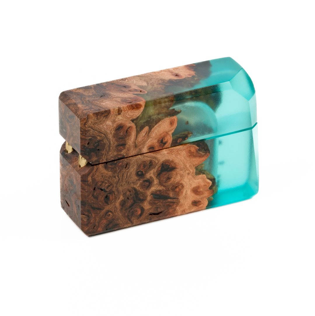 Modern closed aqua blue epoxy and maple wood engagement ring box shown from the side