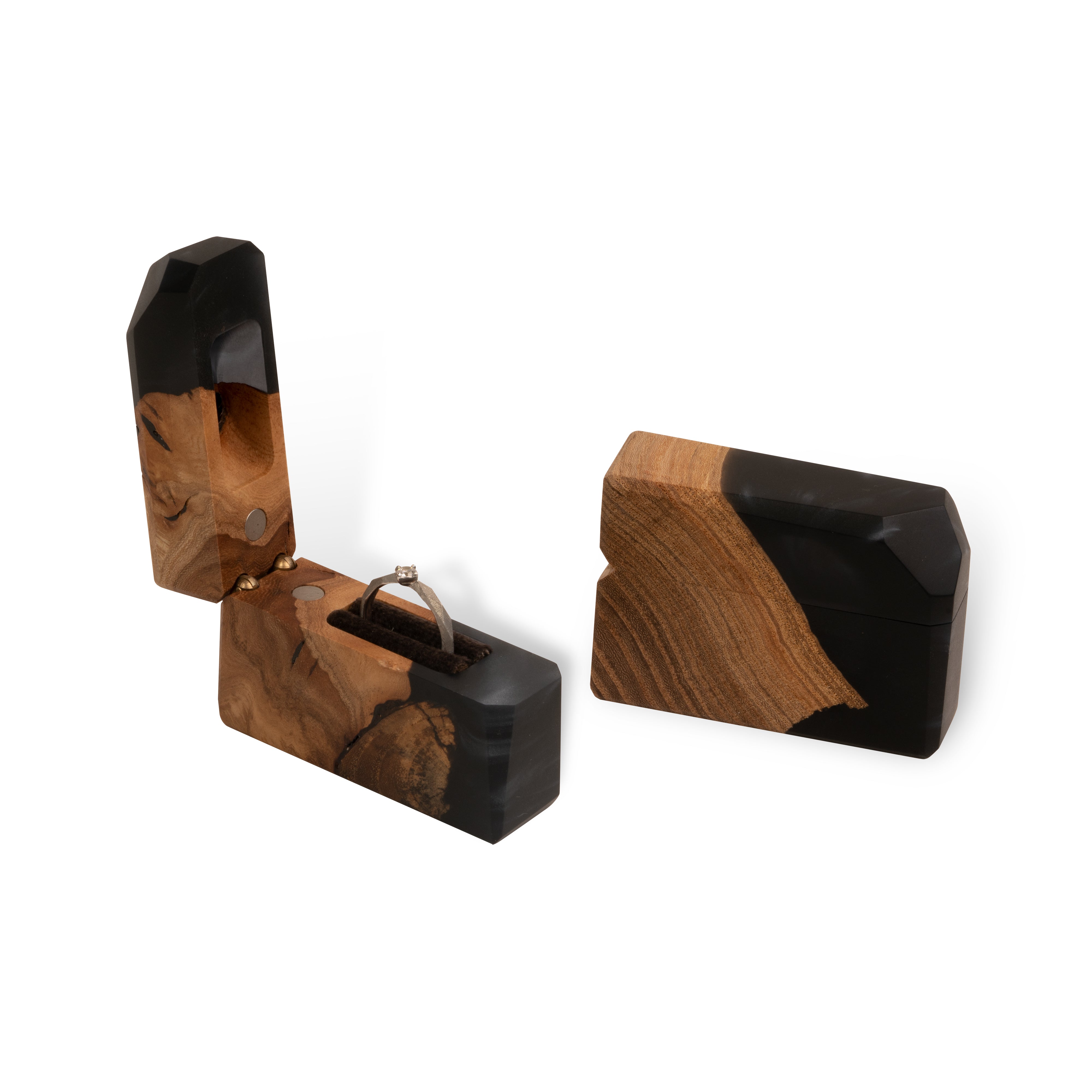 Modern black epoxy and elm wood engagement ring box displayed from open and closed angles
