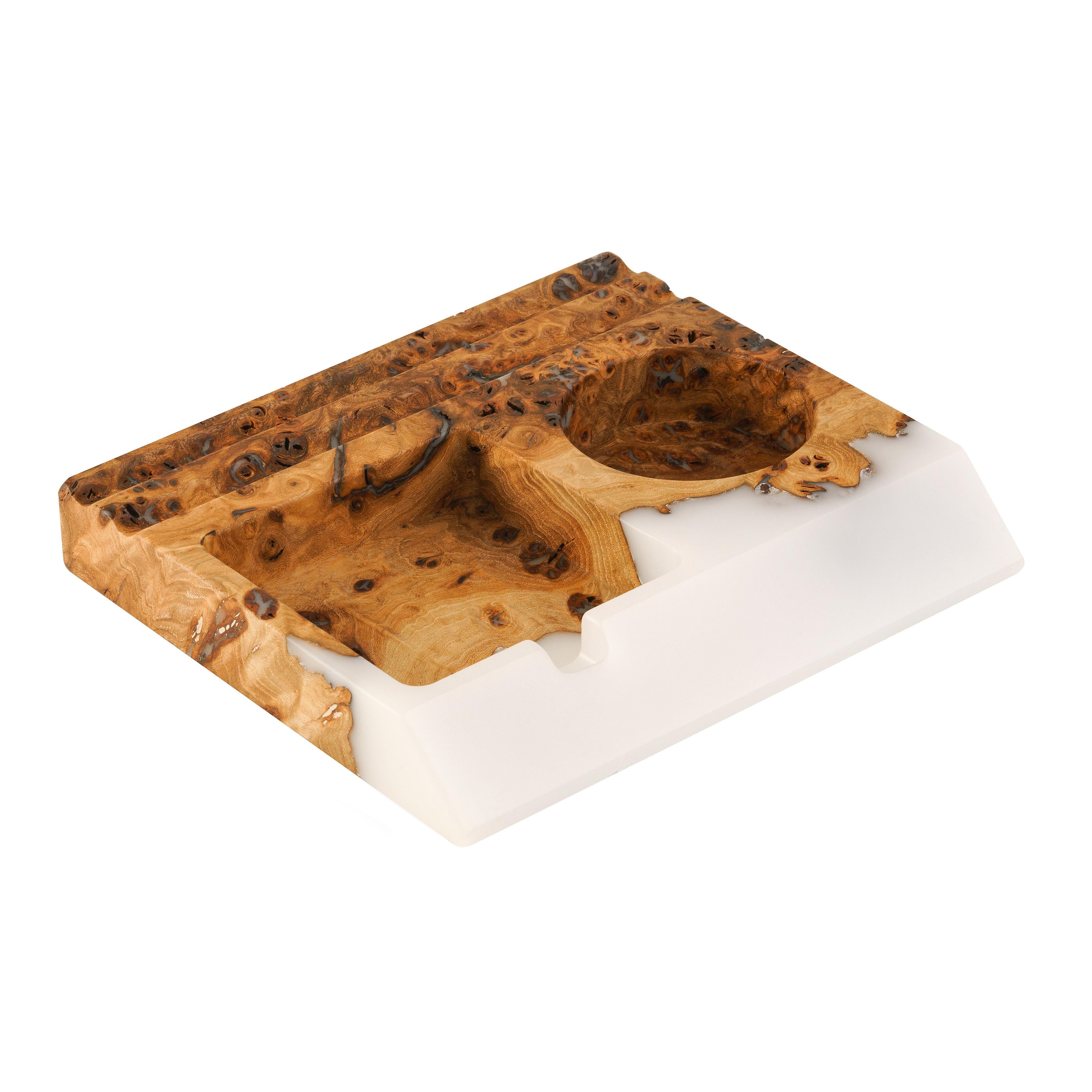 Stylish wood desk organizer made from elm wood and white epoxy with integrated phone stand