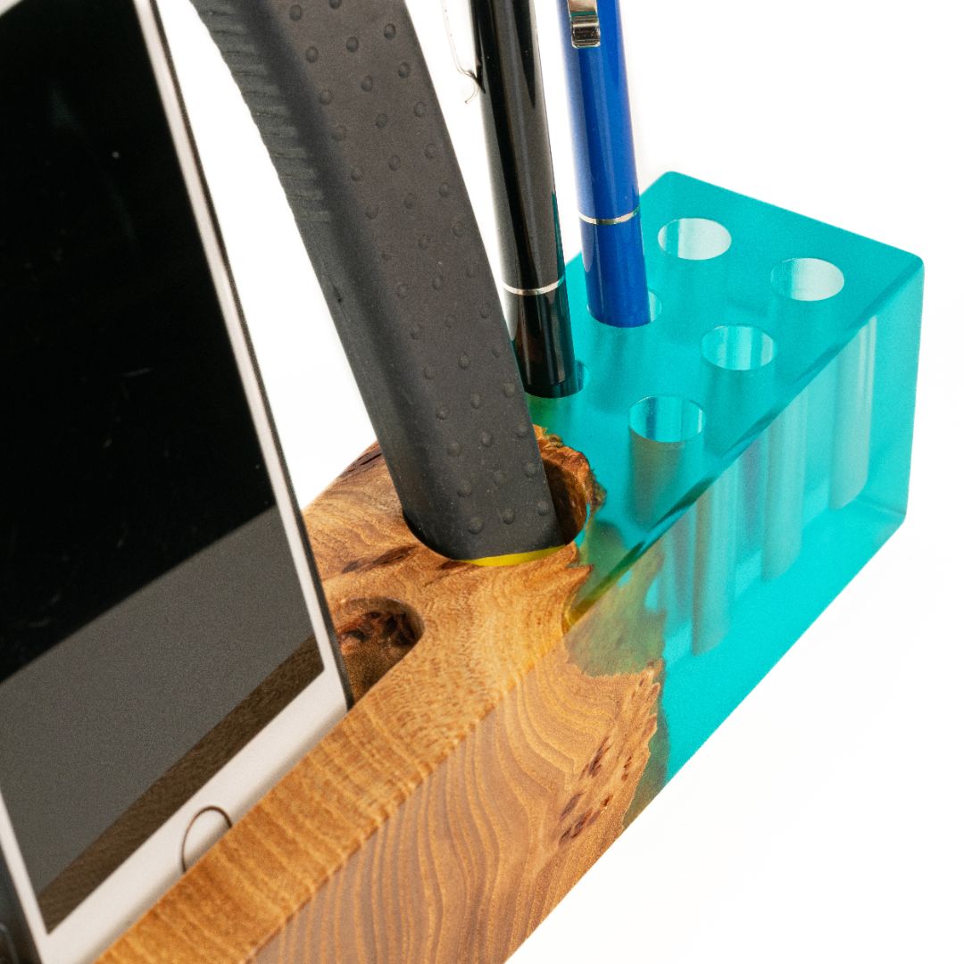 Close-up of the ELEMENT office desk organizer handcrafted from elm wood and aqua blue epoxy resin