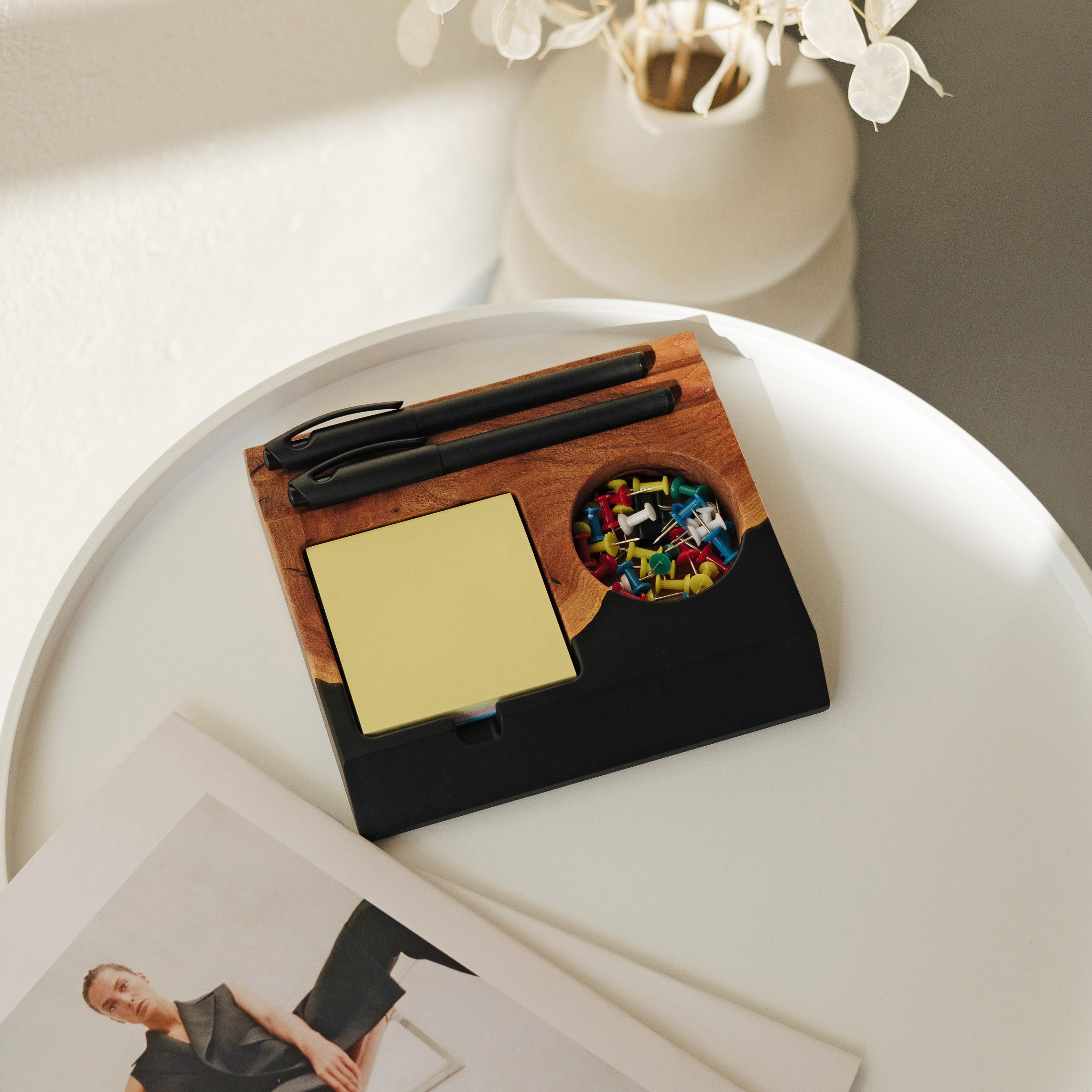 Office Desk Organizer with Phone Stand & Pen Holder – Black Epoxy & Elm Wood