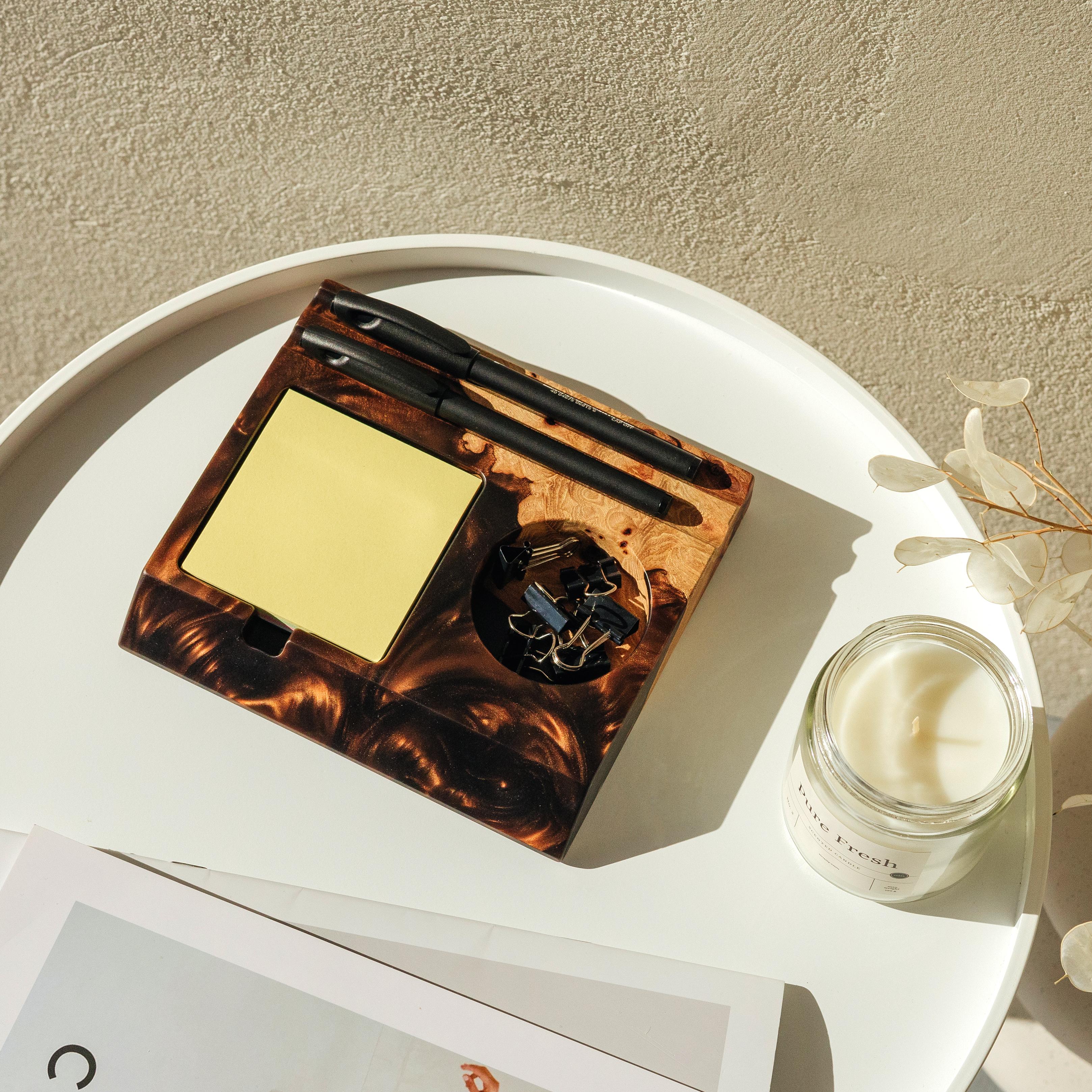 Modern office desk organizer crafted from black epoxy resin and elm wood with phone stand and pen holder