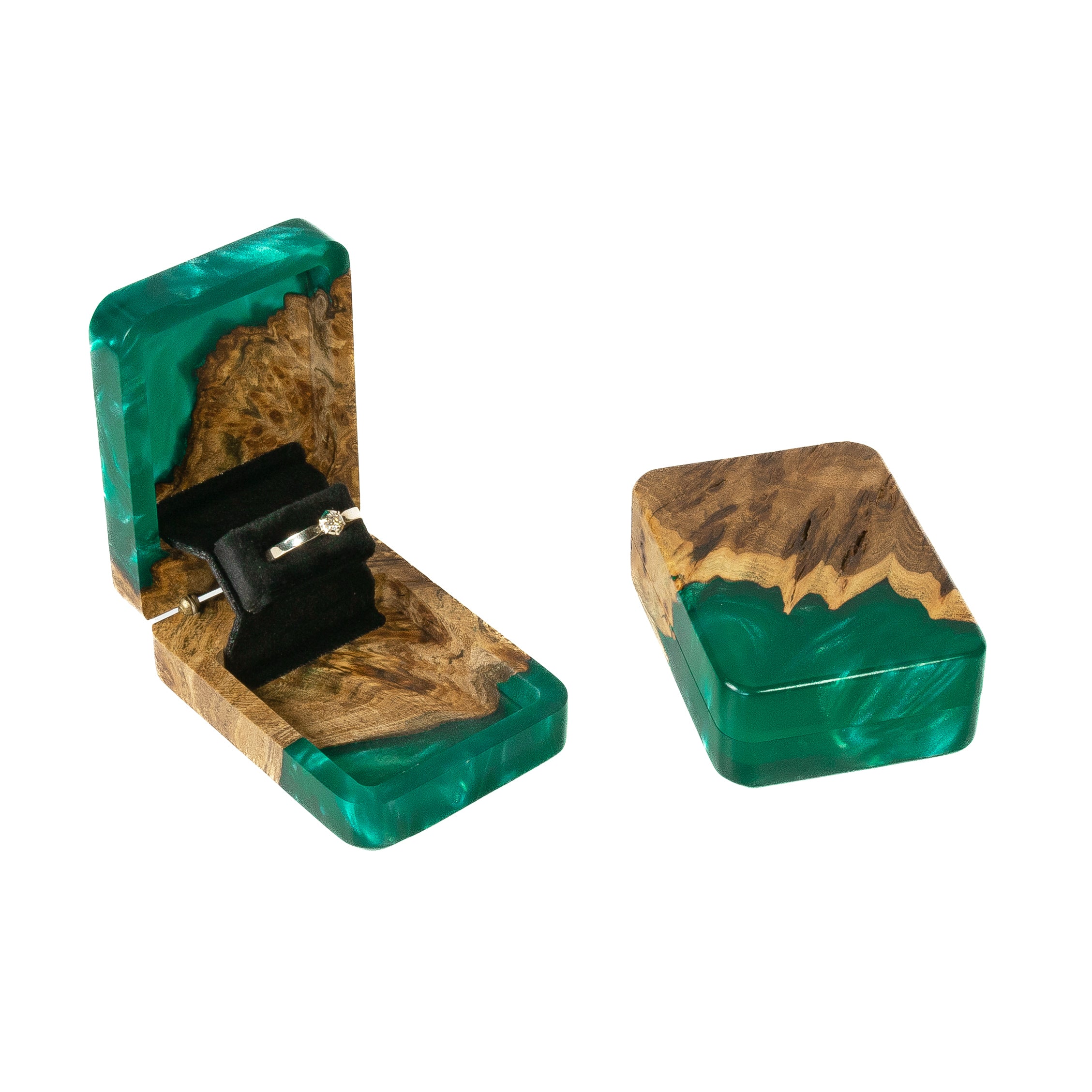 Open and closed green epoxy and elm wood engagement ring boxes displayed together