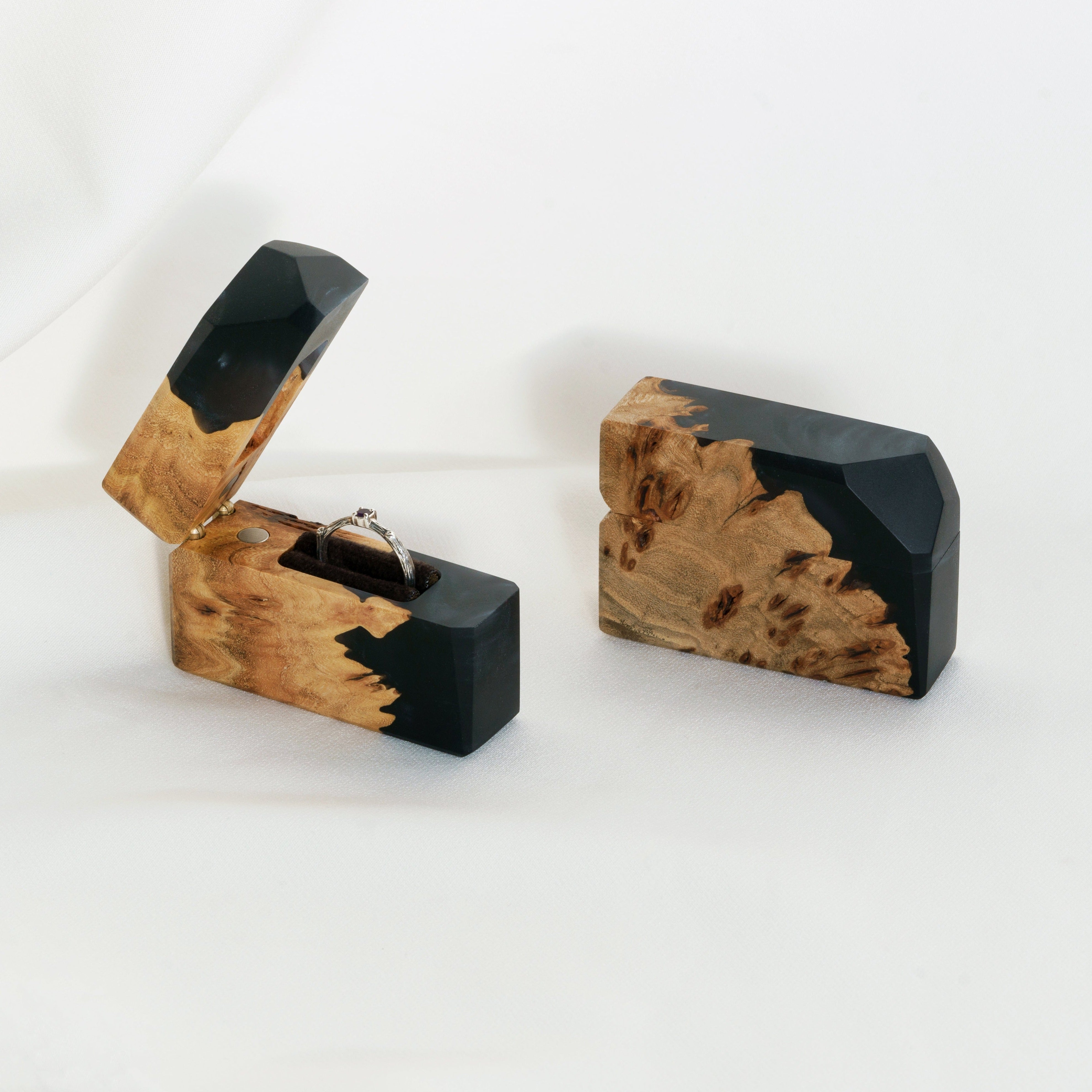 Open engagement ring box handcrafted from black epoxy and elm wood with matching lid, FLASH design