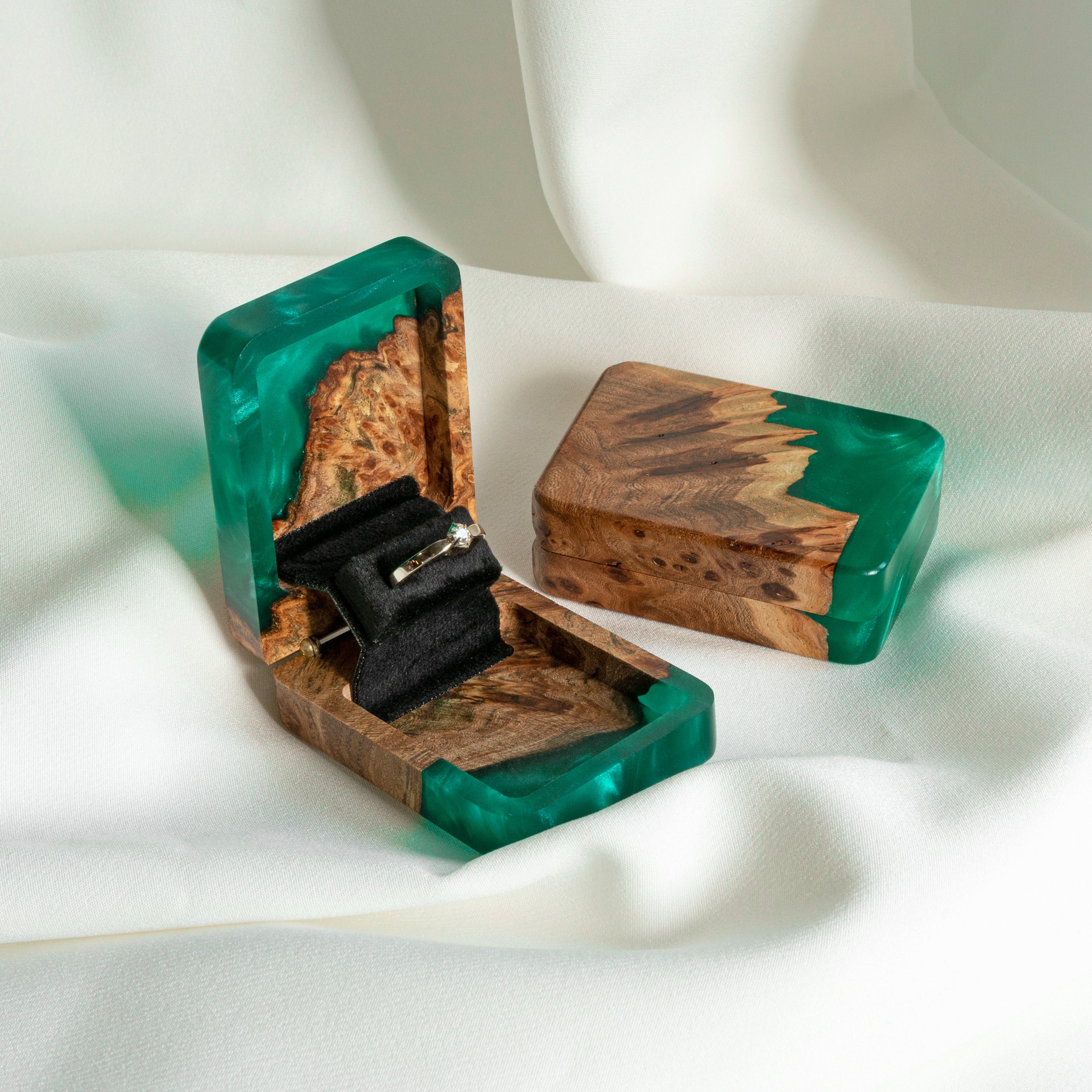 Open engagement ring box handcrafted from green epoxy and elm wood with matching lid, FLIP design