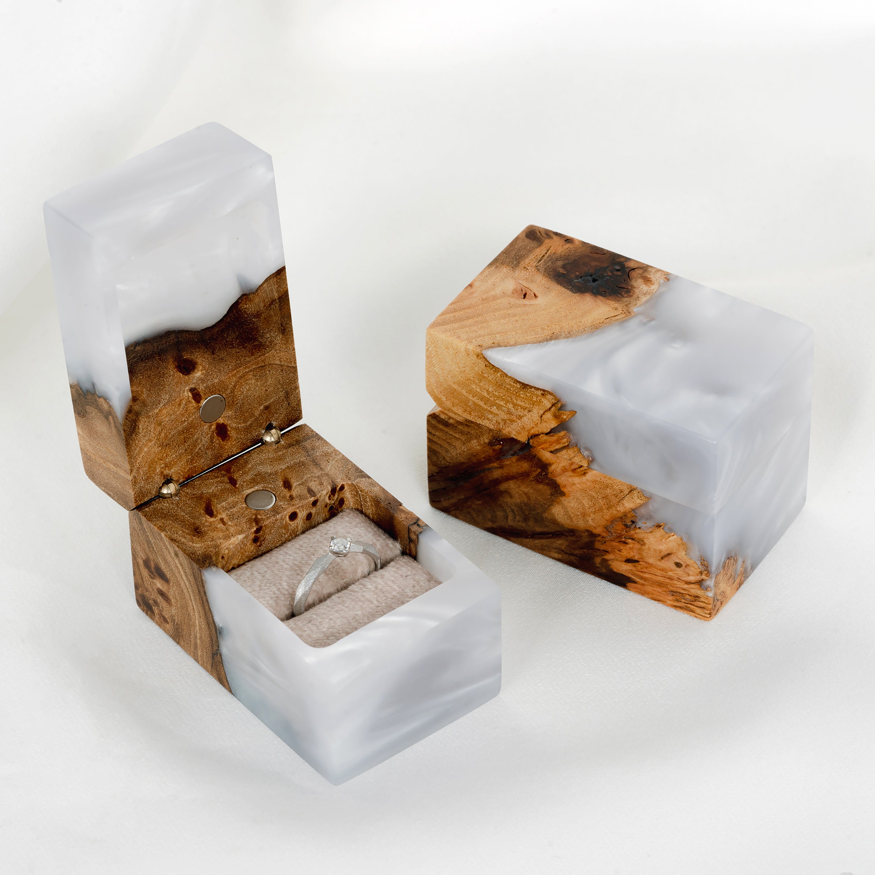 Open and closed engagement ring box handcrafted from platinum epoxy and elm wood, CHORD design