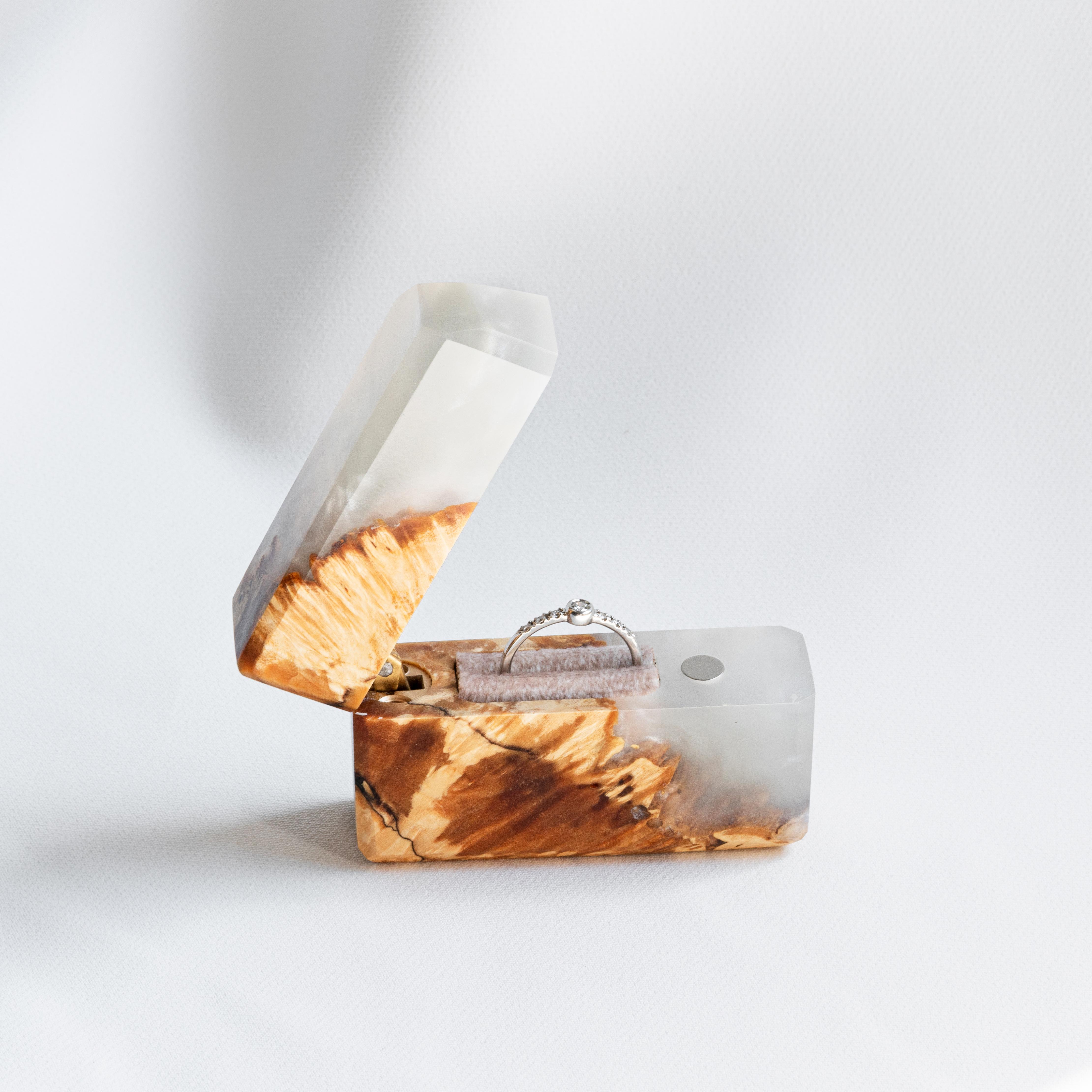Open engagement ring box handcrafted from platinum epoxy and maple wood with matching lid, FLASH design
