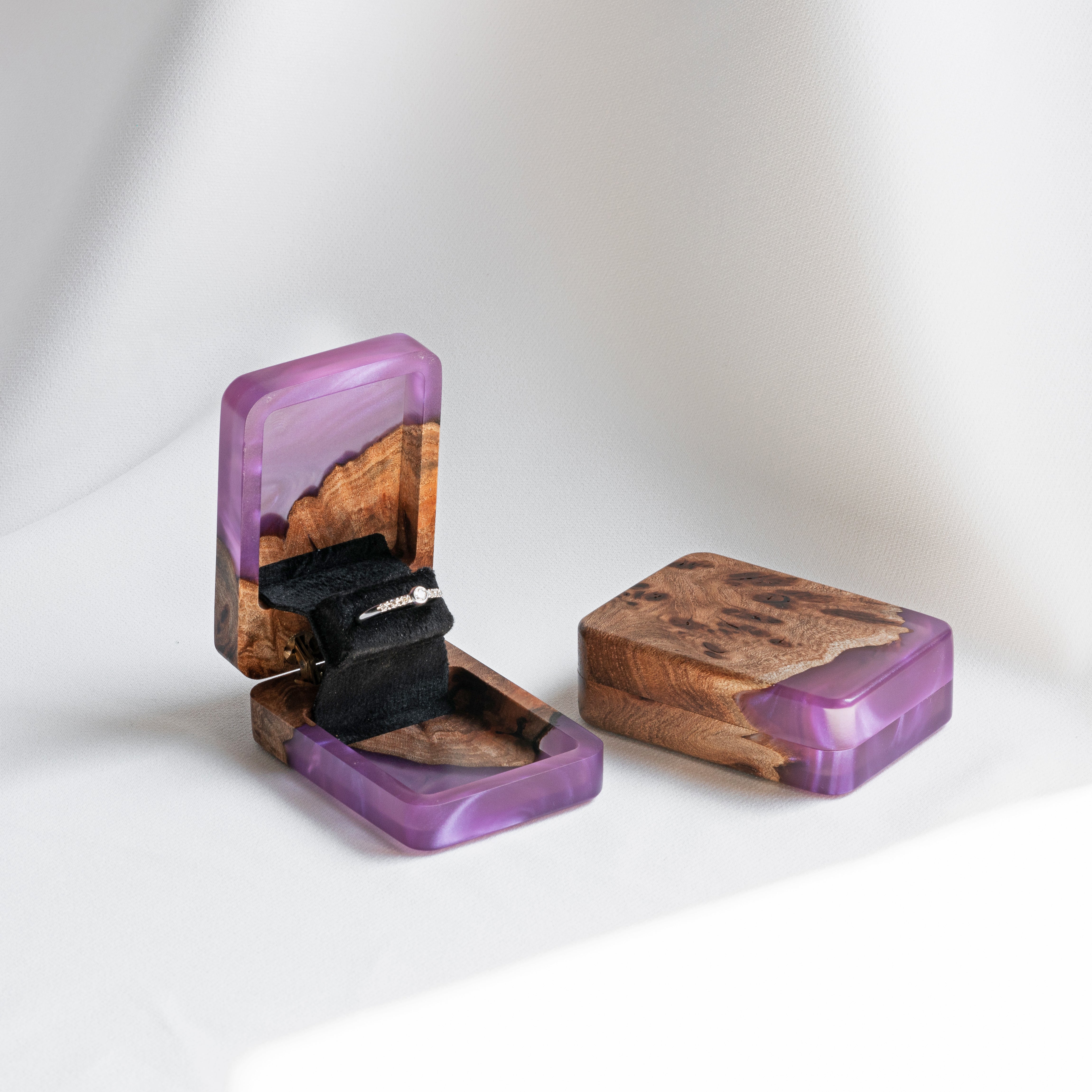 Open engagement ring box handcrafted from purple epoxy and elm wood with black ring holder, FLIP design