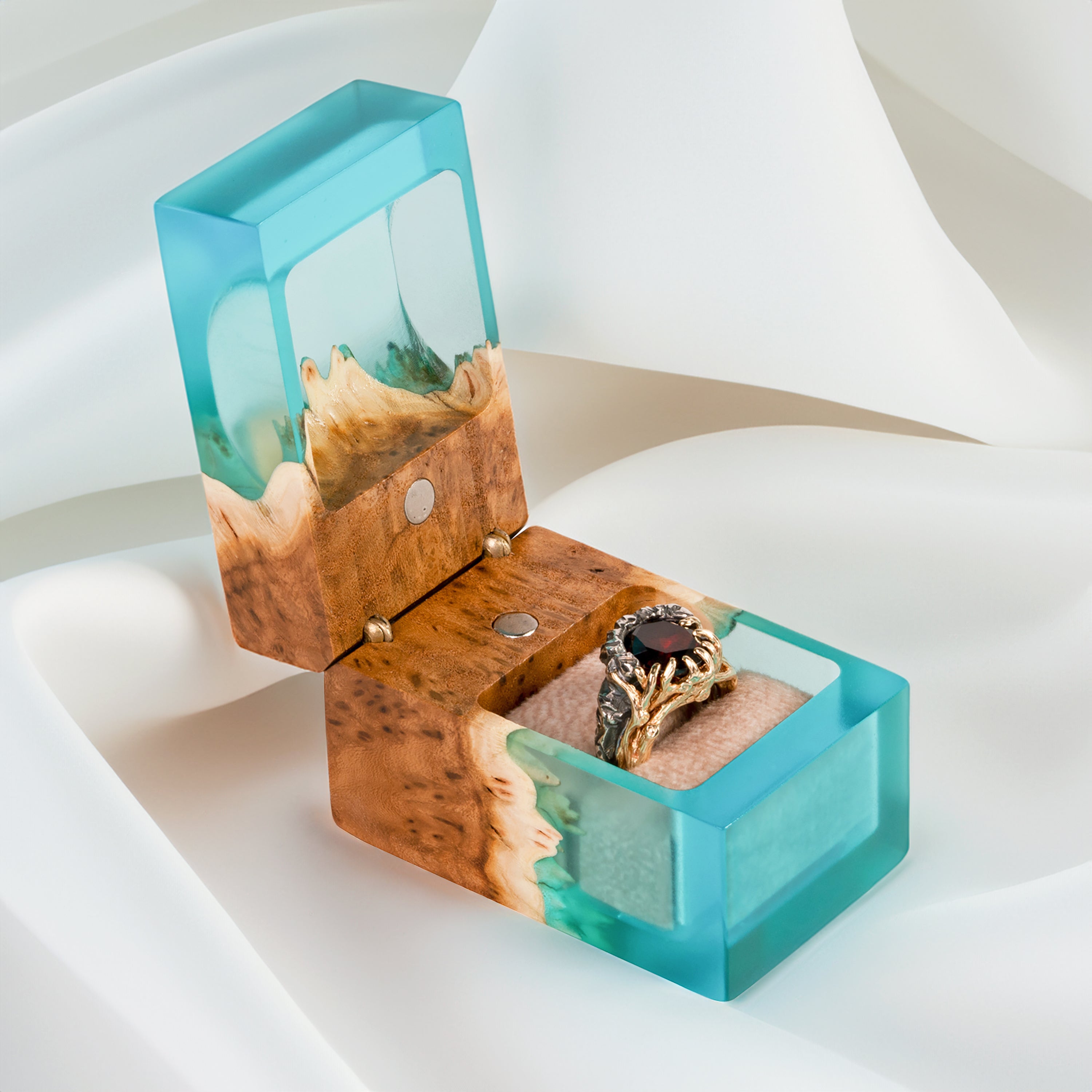 Open proposal ring box handcrafted from aqua blue epoxy and elm wood with ring compartment, CHORD design