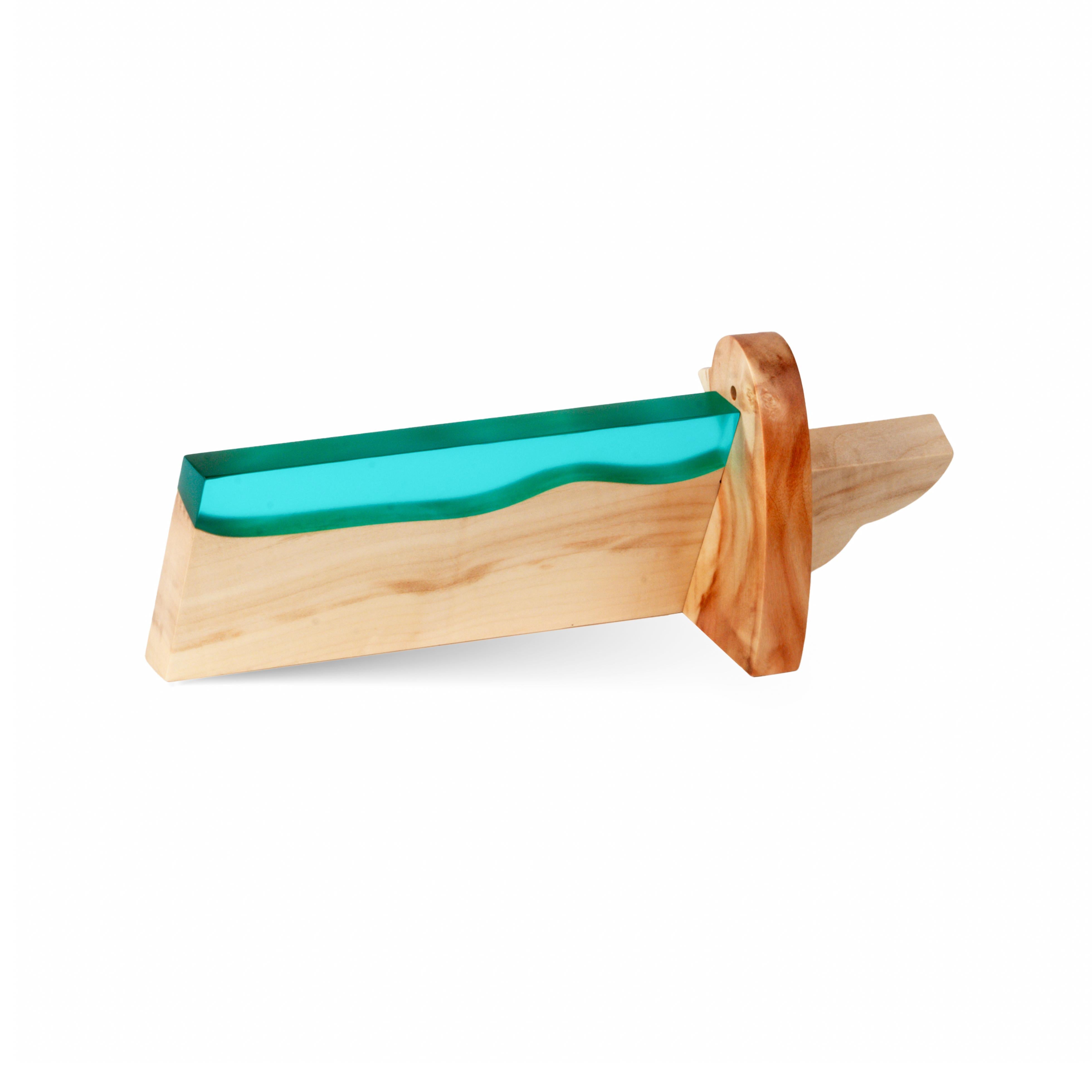 Personalized BIRDY desk name plate with dimensions, handcrafted from maple wood and aqua blue epoxy resin