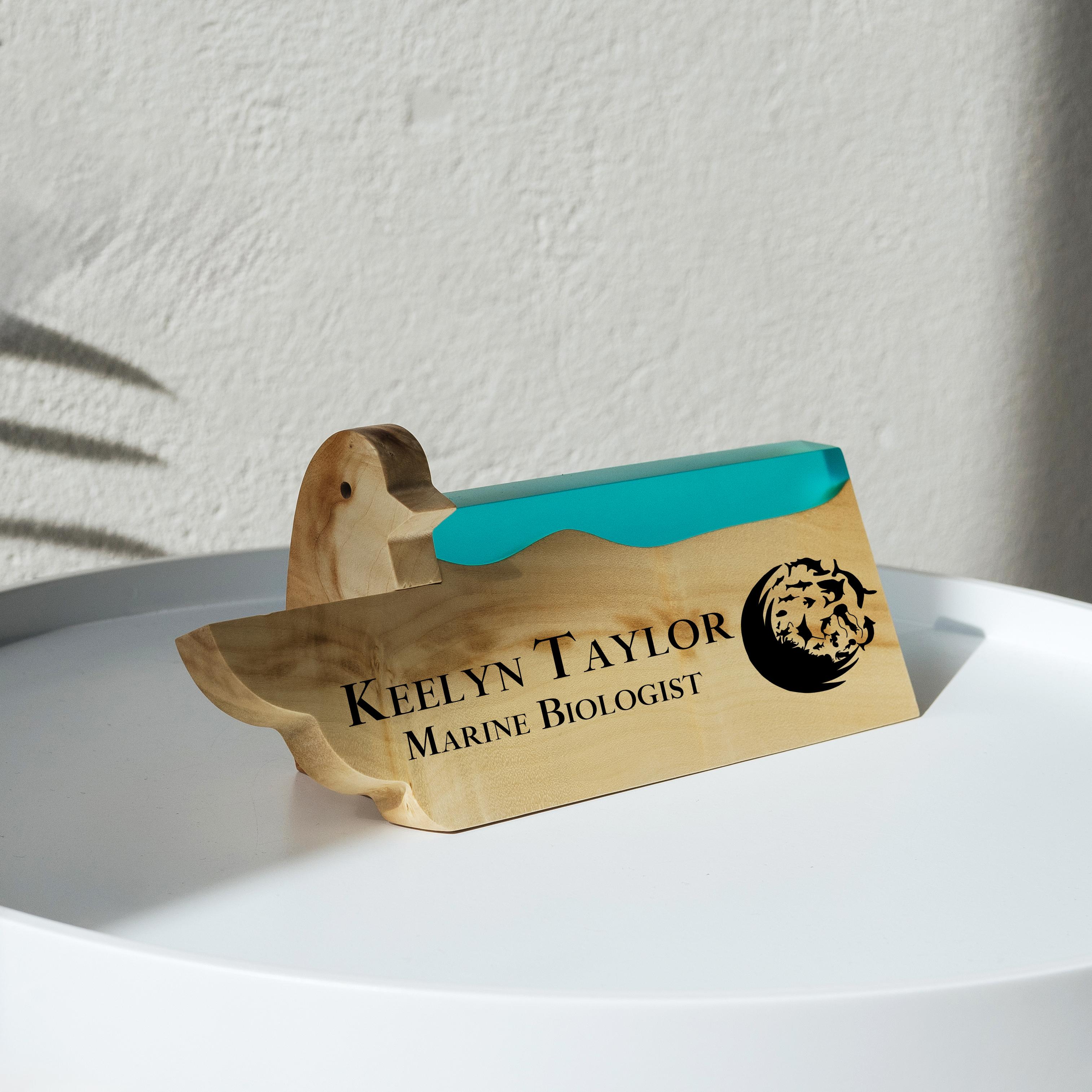 Personalized BIRDY desk name plate handcrafted from maple wood and aqua blue epoxy resin