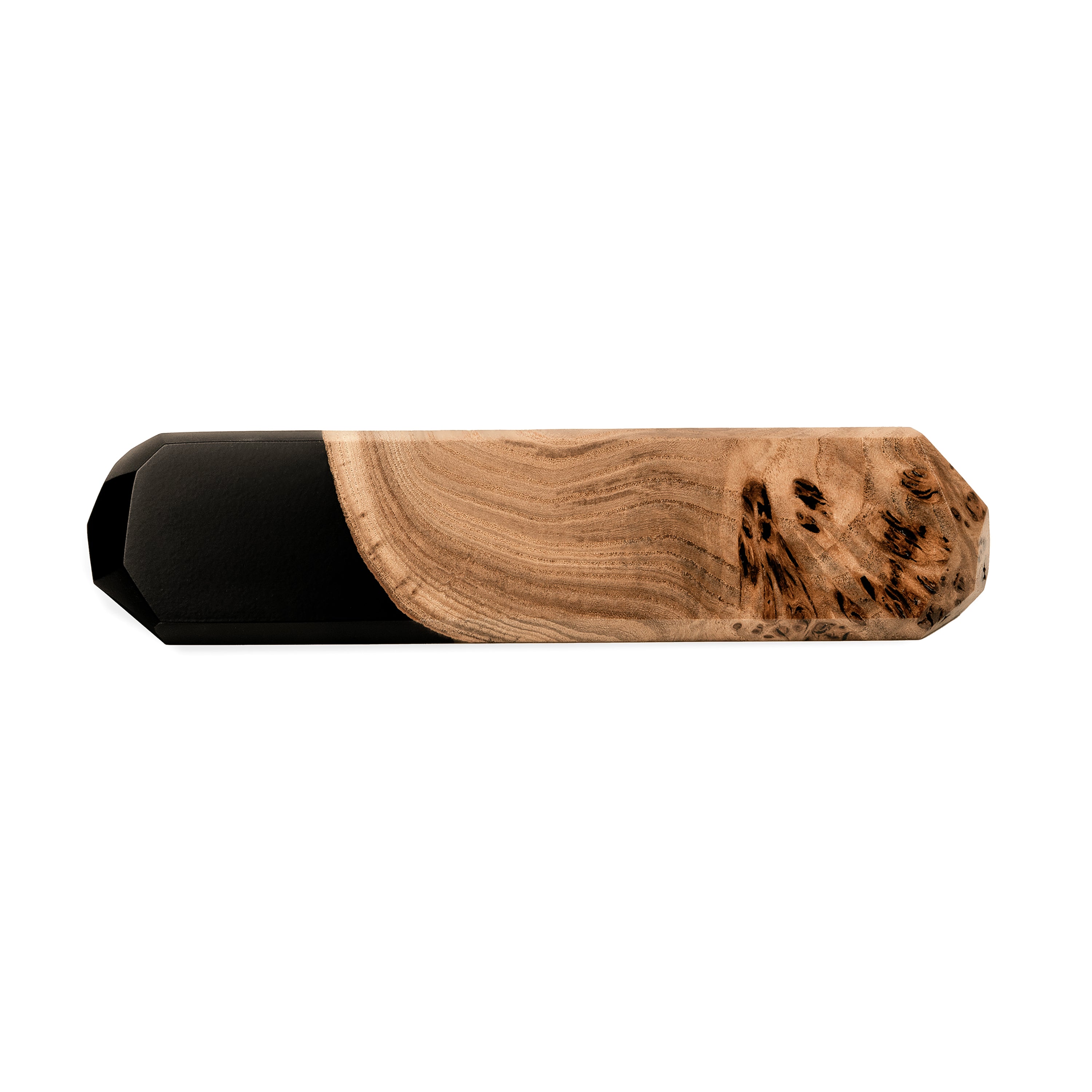 Angled view of a personalized desk name plate made from natural burl wood and black epoxy resin