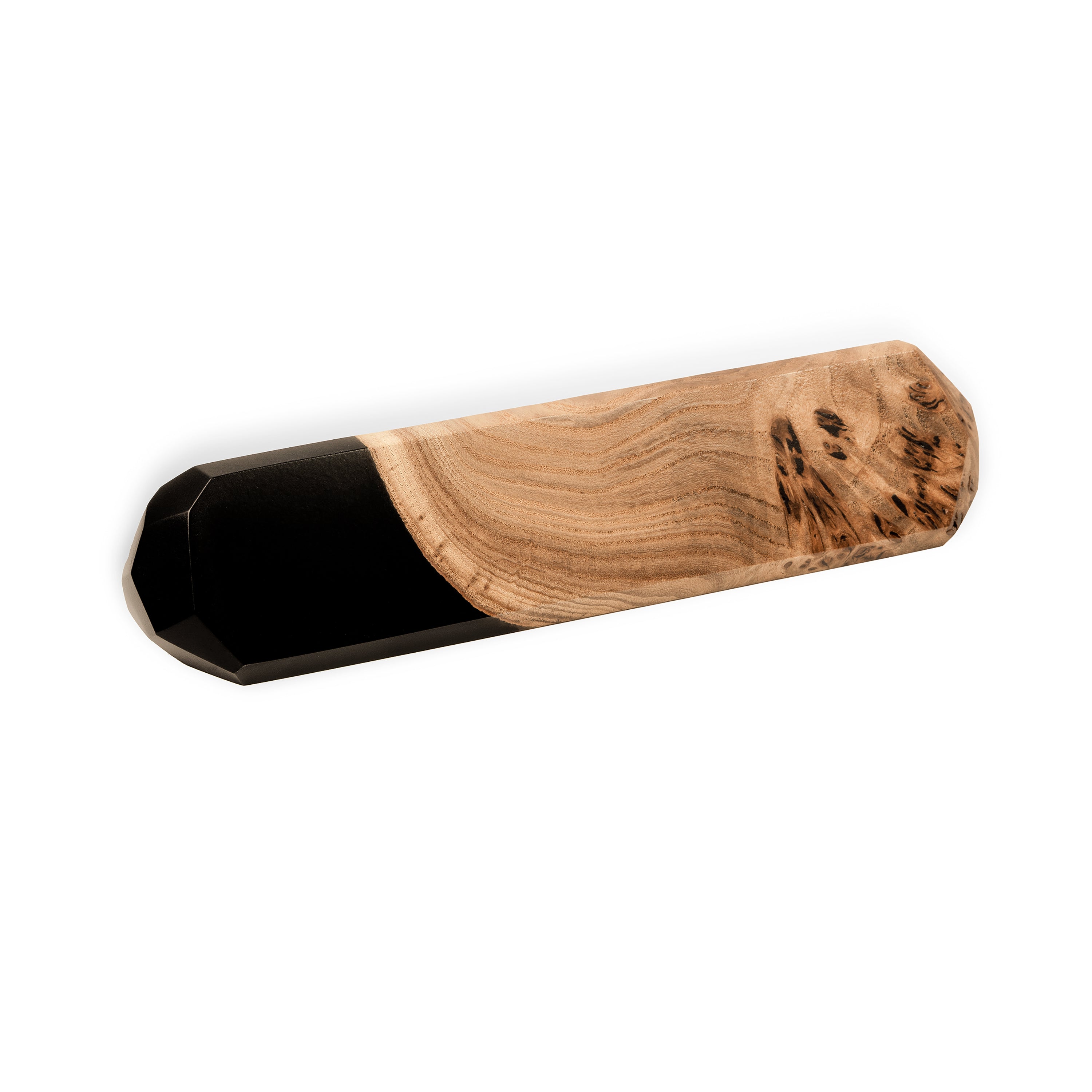 Side view of a personalized desk name plate handcrafted from burl wood and black epoxy resin