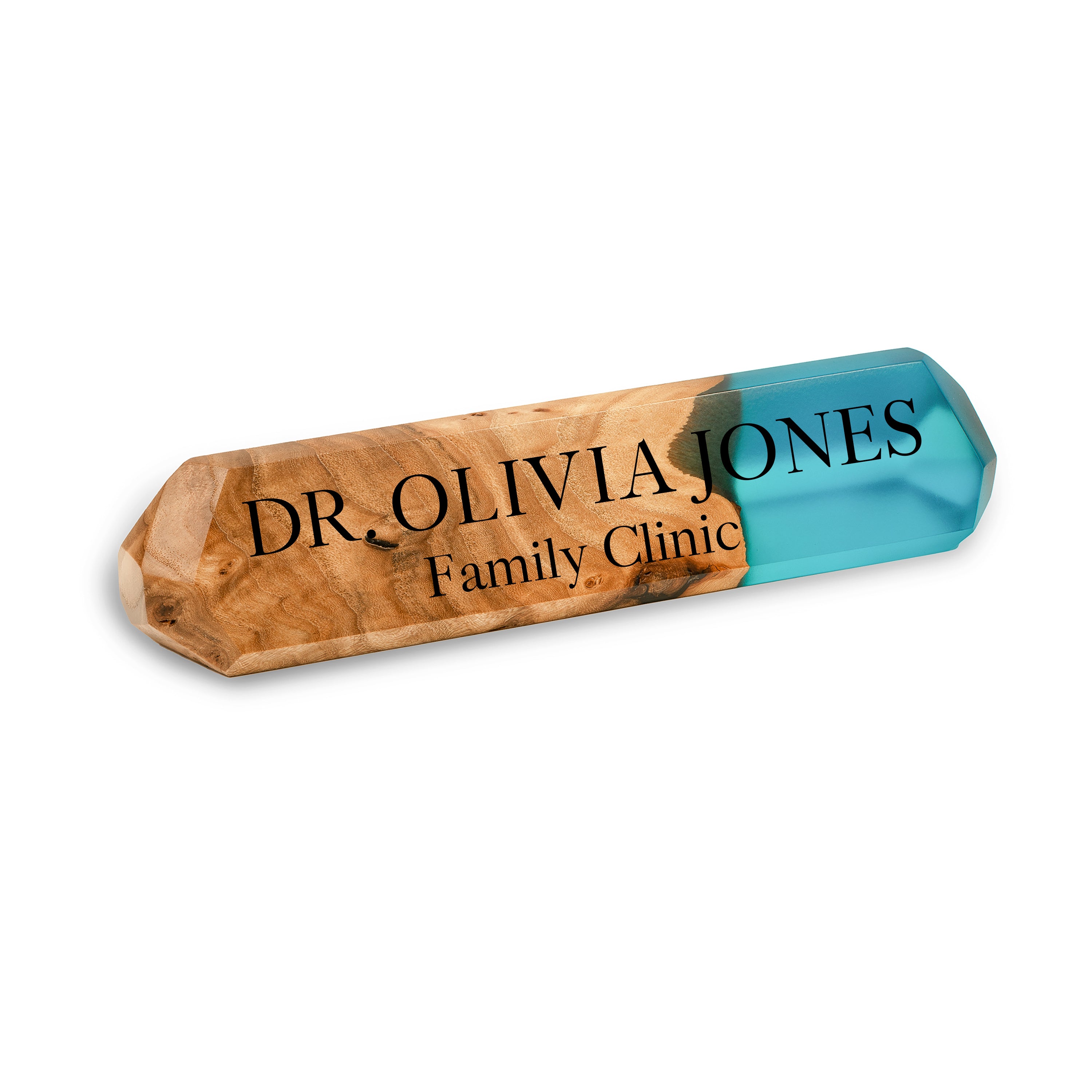 Close-up of an engraved personalized desk name plate with aqua blue epoxy resin and natural elm wood