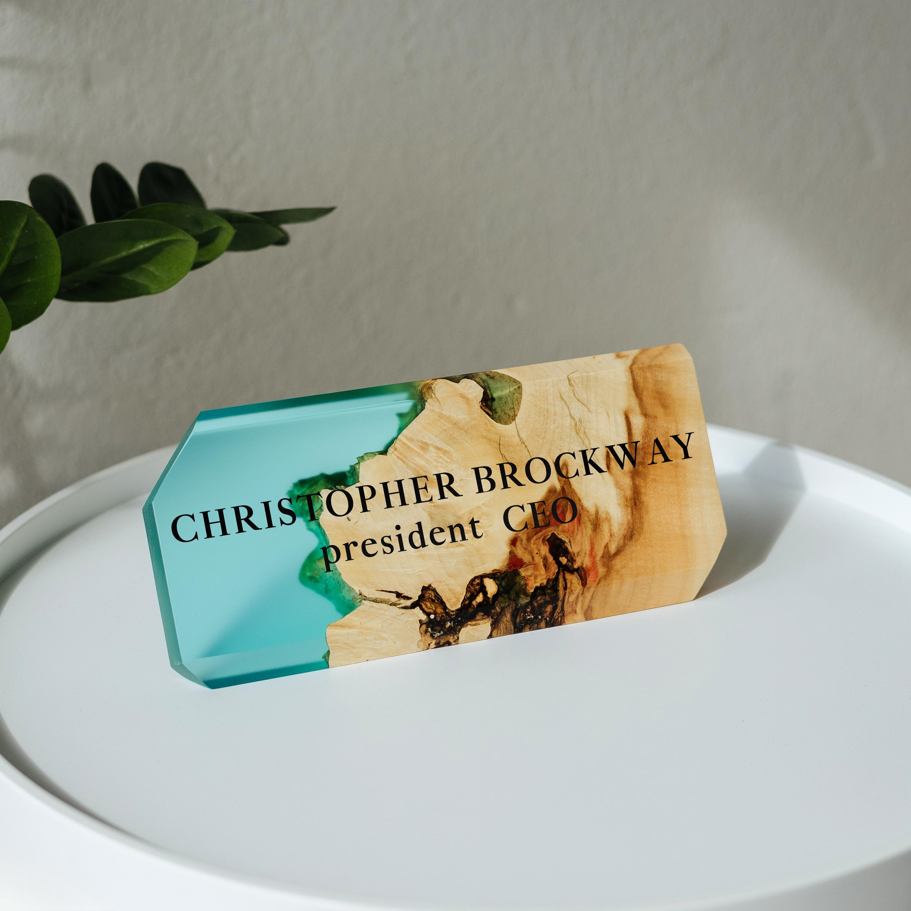 Personalized MODERN desk name plate handcrafted from maple wood and aqua blue epoxy resin